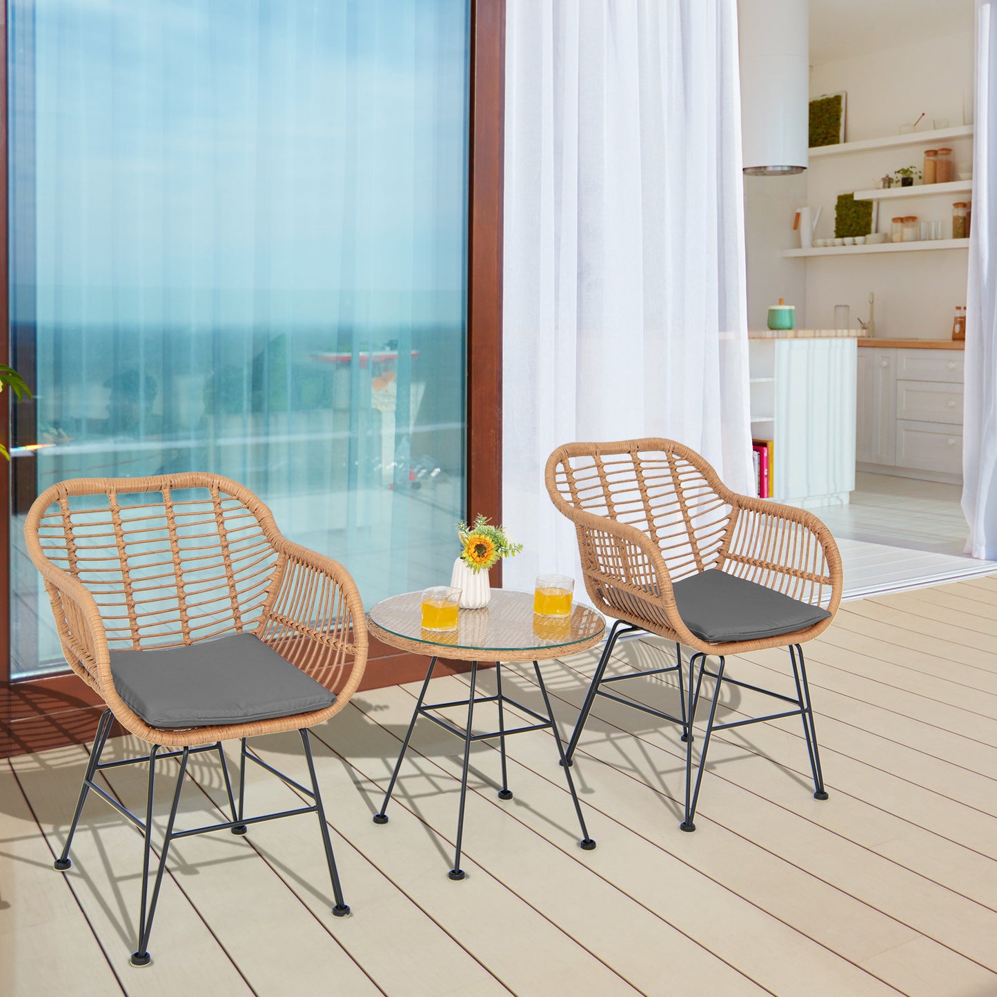 3 Pieces Patio Bistro Set with White Fabric Replacements-Black