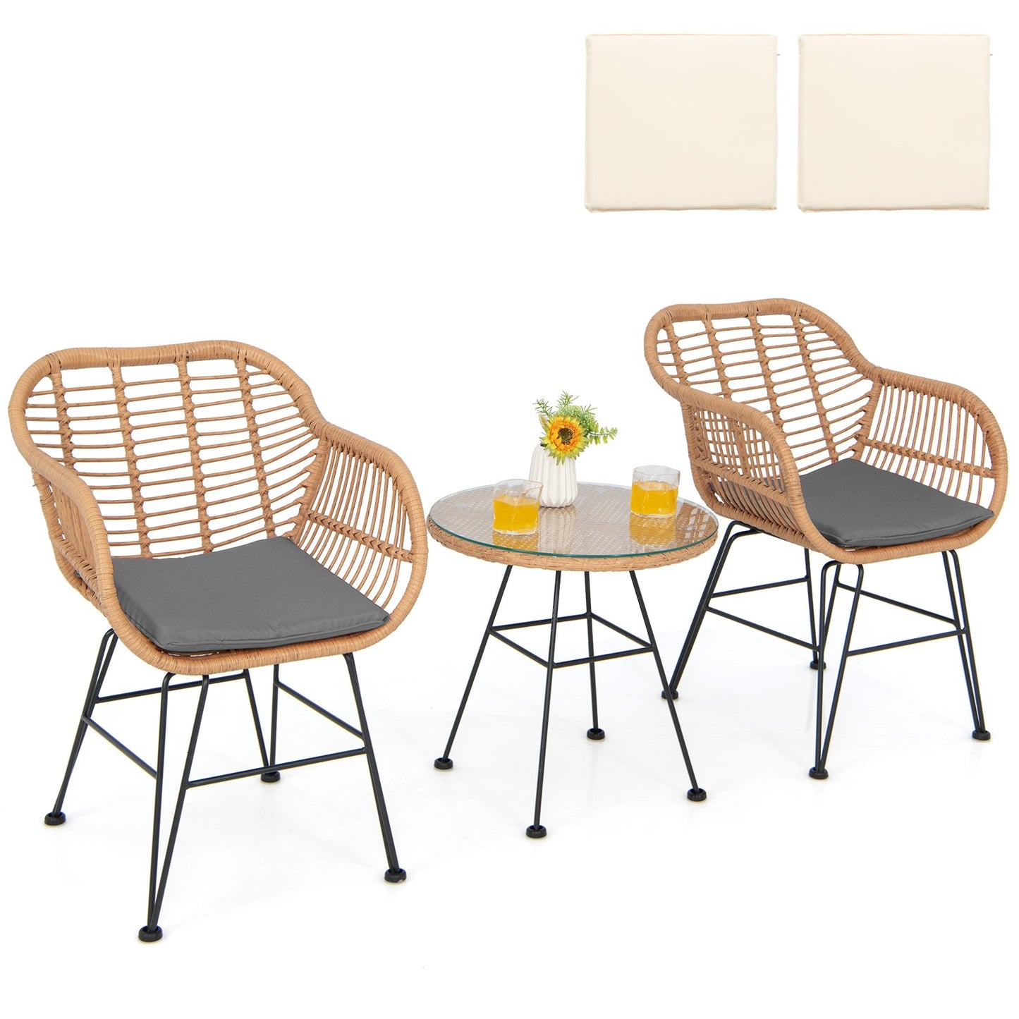 3 Pieces Patio Bistro Set with White Fabric Replacements-Black