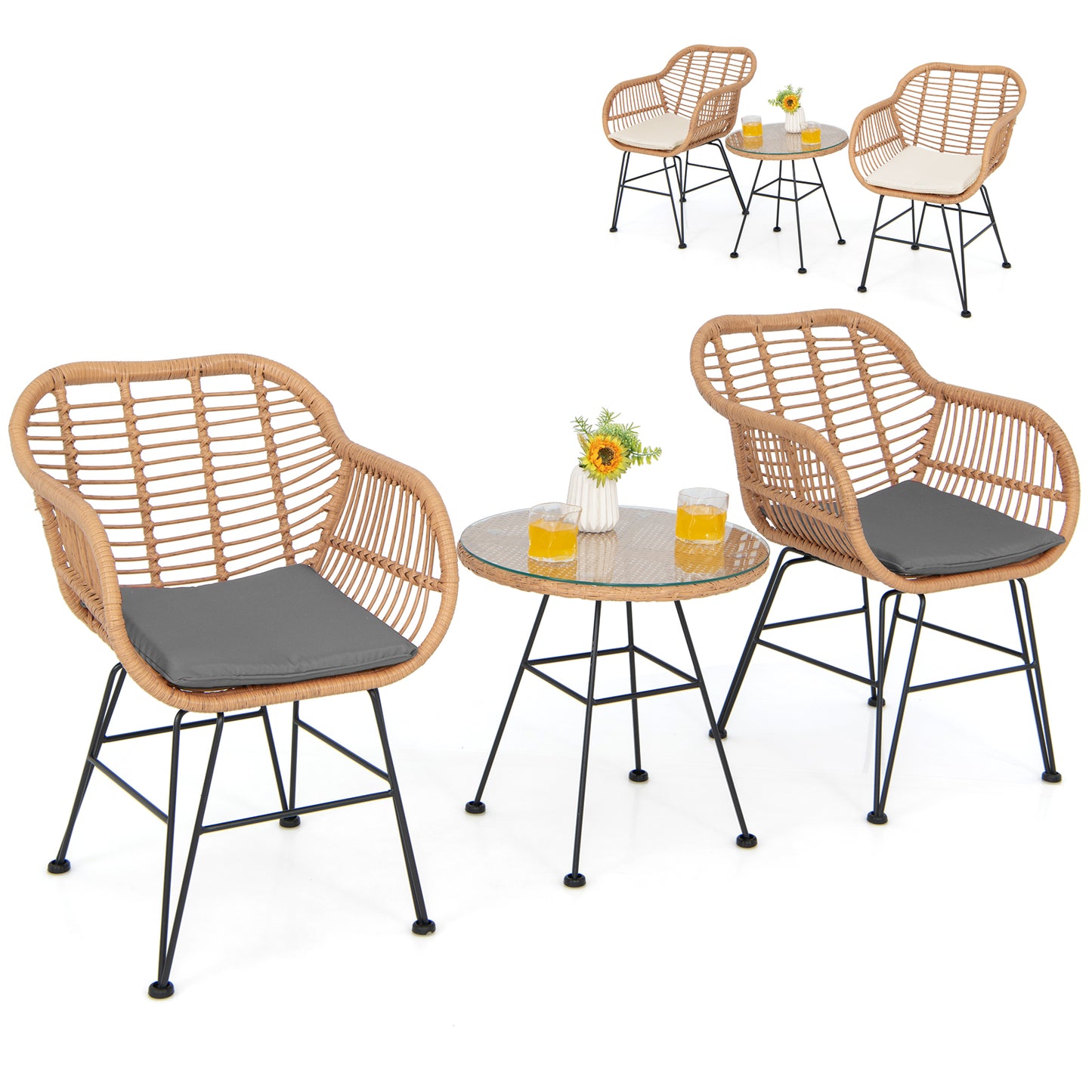 3 Pieces Patio Bistro Set with White Fabric Replacements-Black