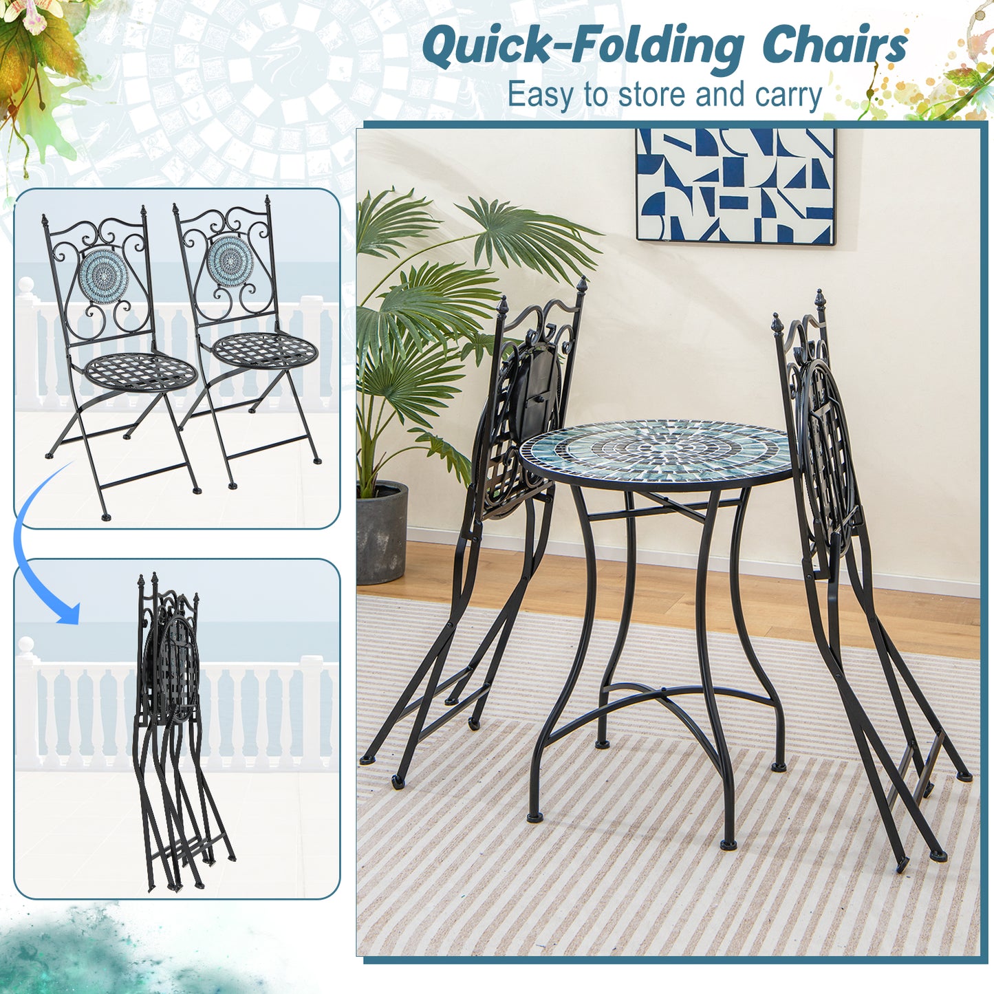 3 Pieces Patio Bistro Set Mosaic Pattern Metal Dining Set Folding