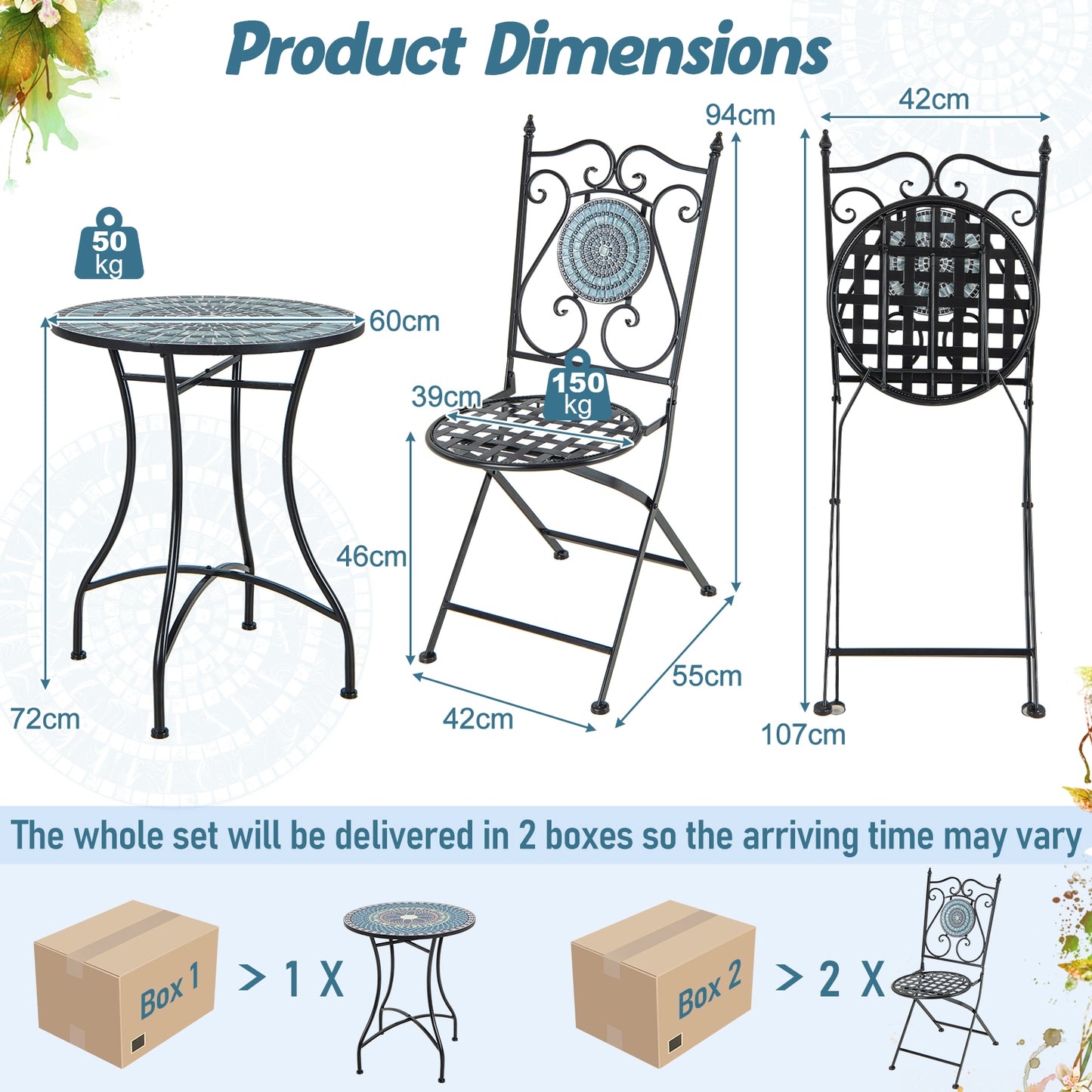 3 Pieces Patio Bistro Set Mosaic Pattern Metal Dining Set Folding