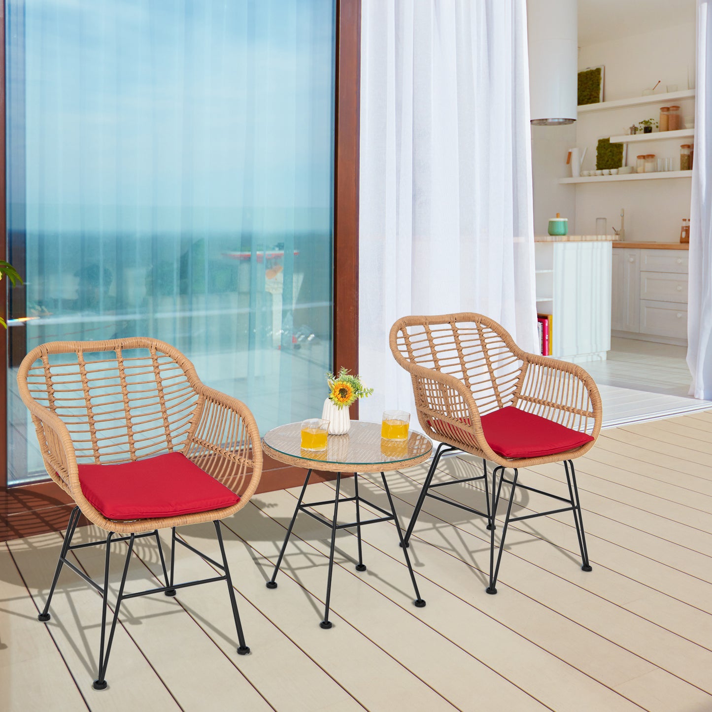 3 Pieces Patio Bistro Set with White Fabric Replacements-Black