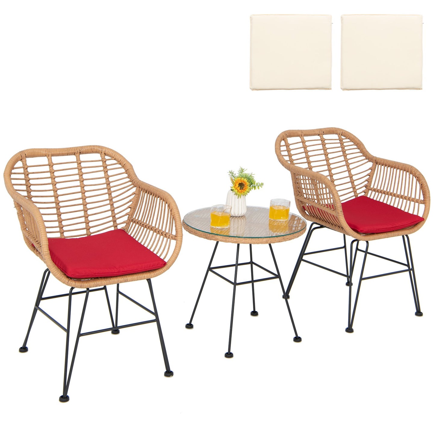 3 Pieces Patio Bistro Set with White Fabric Replacements-Black