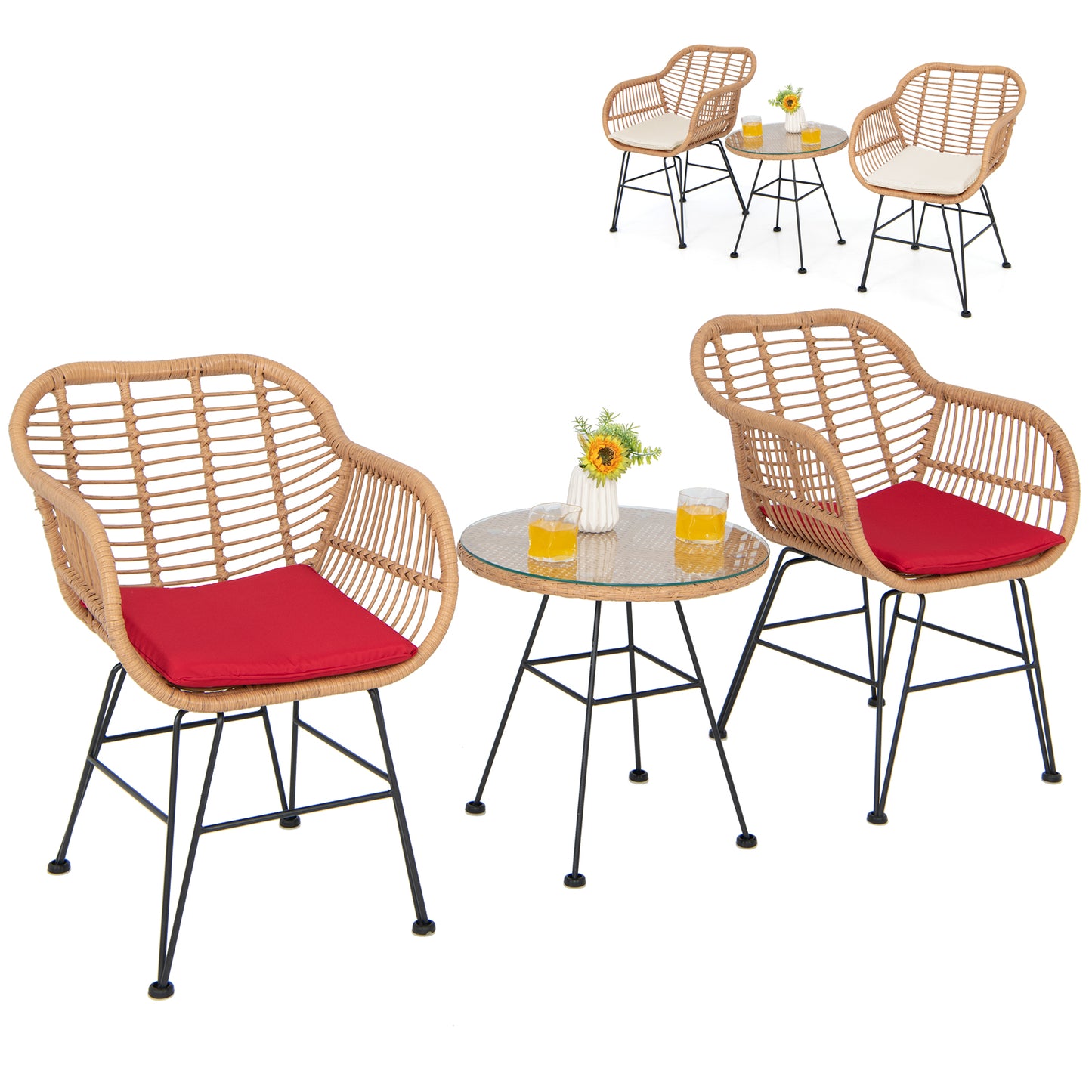 3 Pieces Patio Bistro Set with White Fabric Replacements-Black