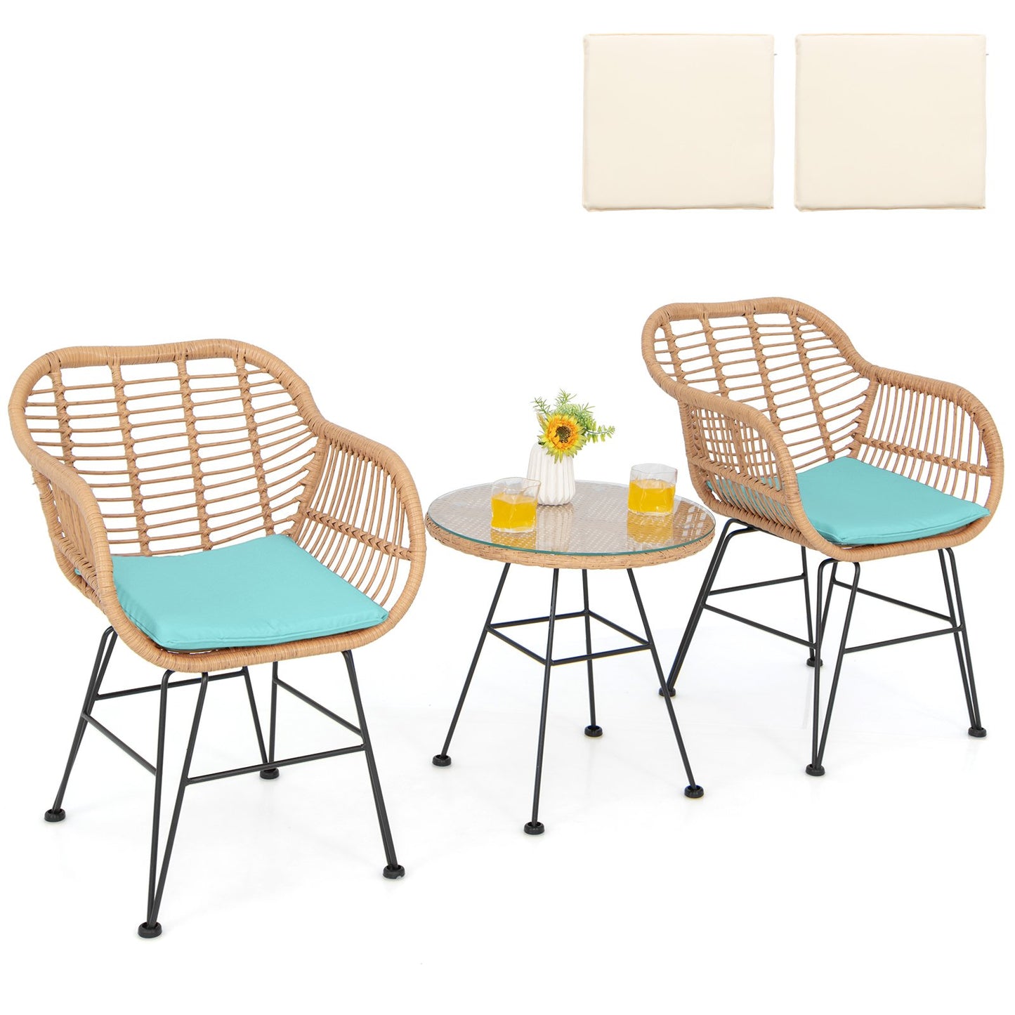 3 Pieces Patio Bistro Set with White Fabric Replacements-Black