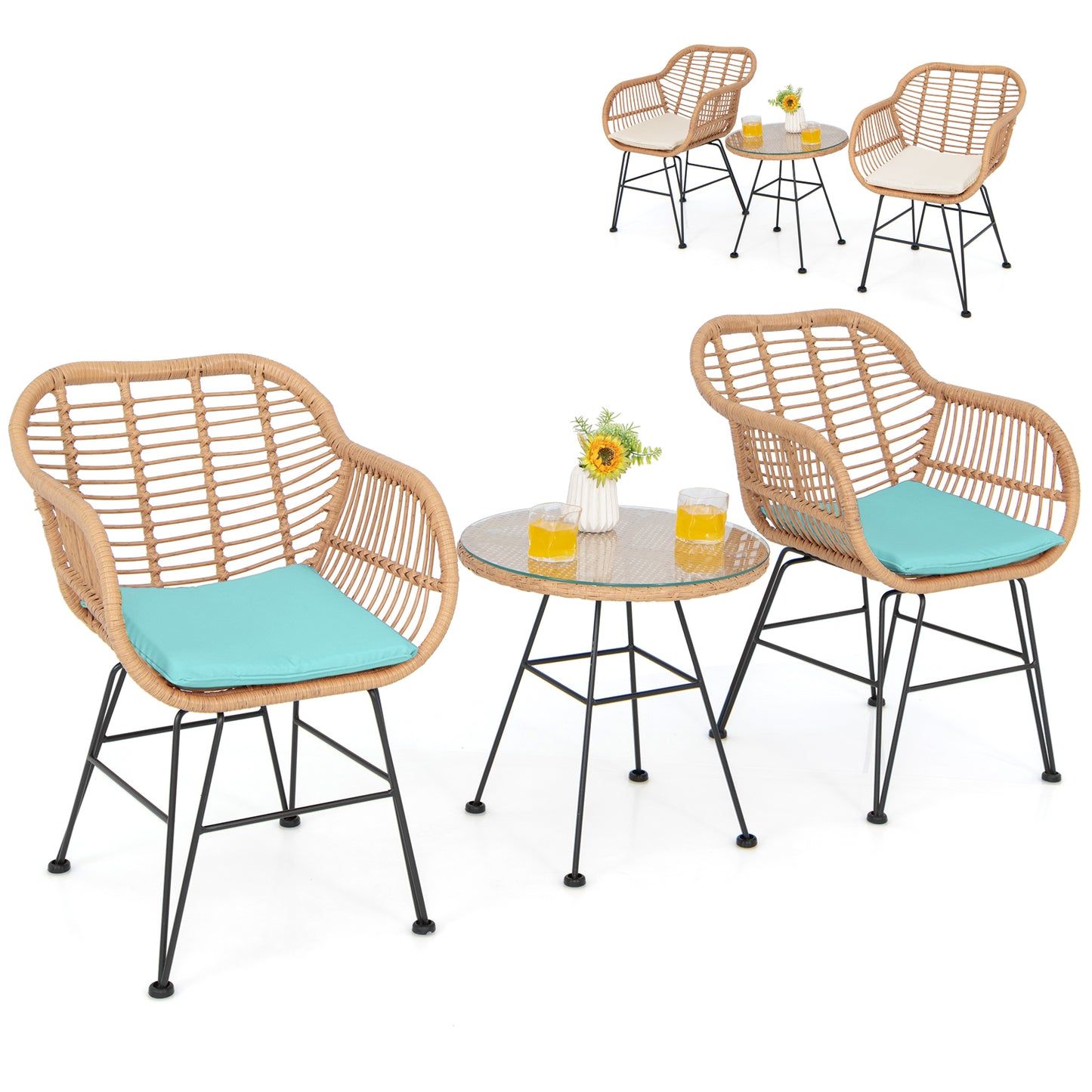 3 Pieces Patio Bistro Set with White Fabric Replacements-Black