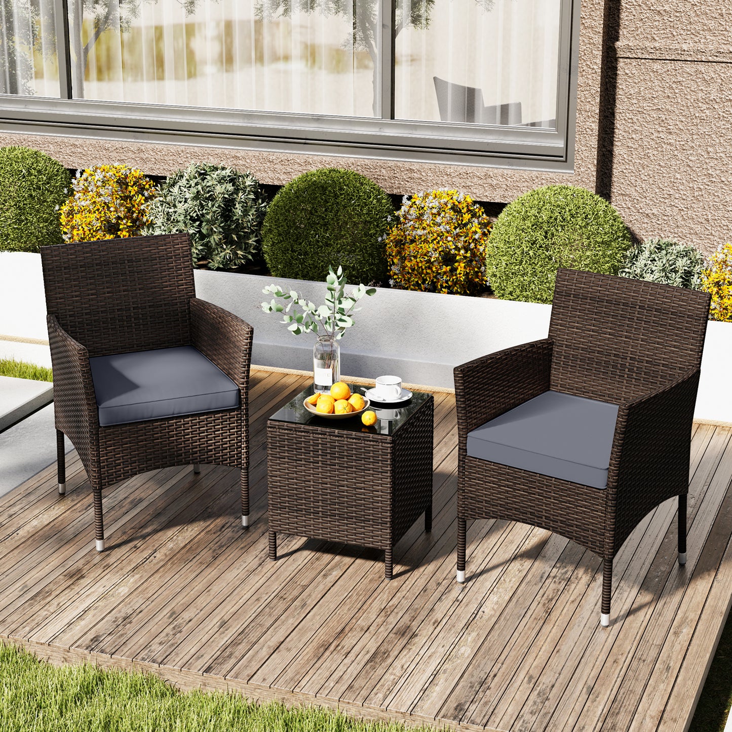 3 Pieces Patio Rattan Furniture Set with Soft Cushions and Glass Top Table-Beige