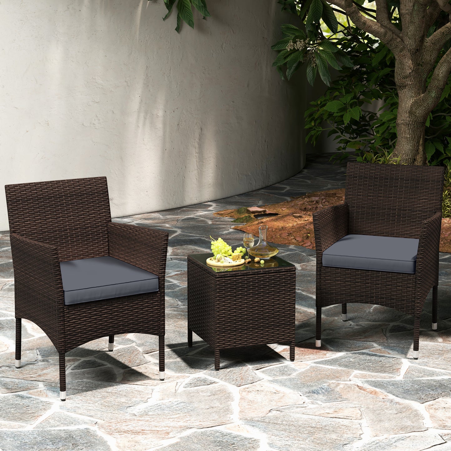 3 Pieces Patio Rattan Furniture Set with Soft Cushions and Glass Top Table-Beige
