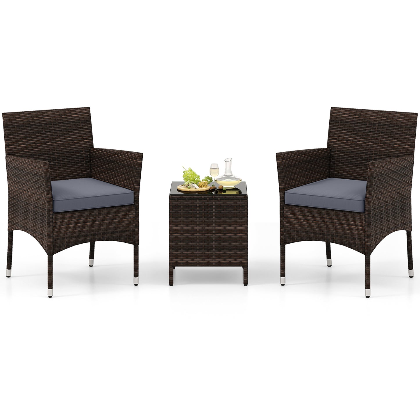 3 Pieces Patio Rattan Furniture Set with Soft Cushions and Glass Top Table-Beige