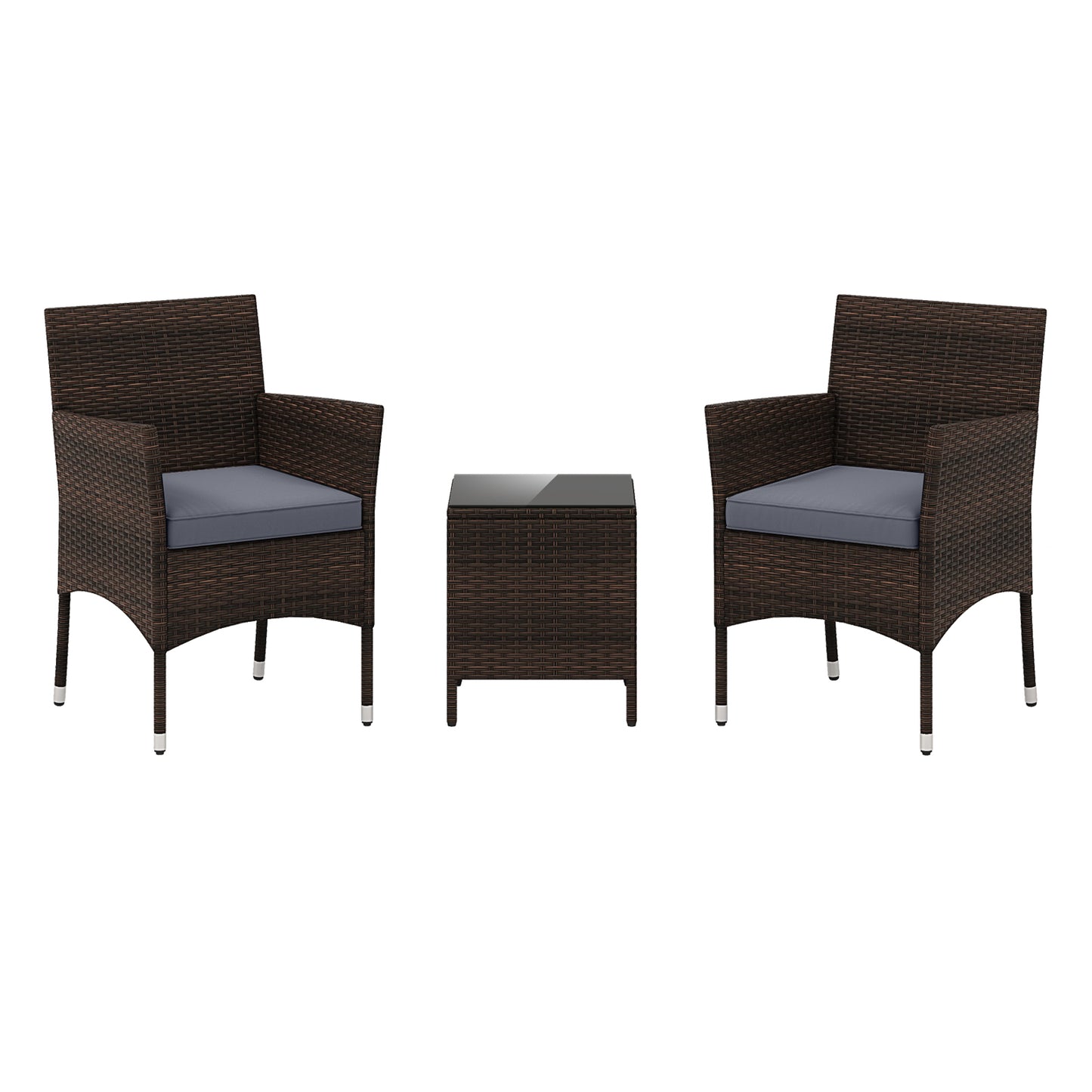 3 Pieces Patio Rattan Furniture Set with Soft Cushions and Glass Top Table-Beige