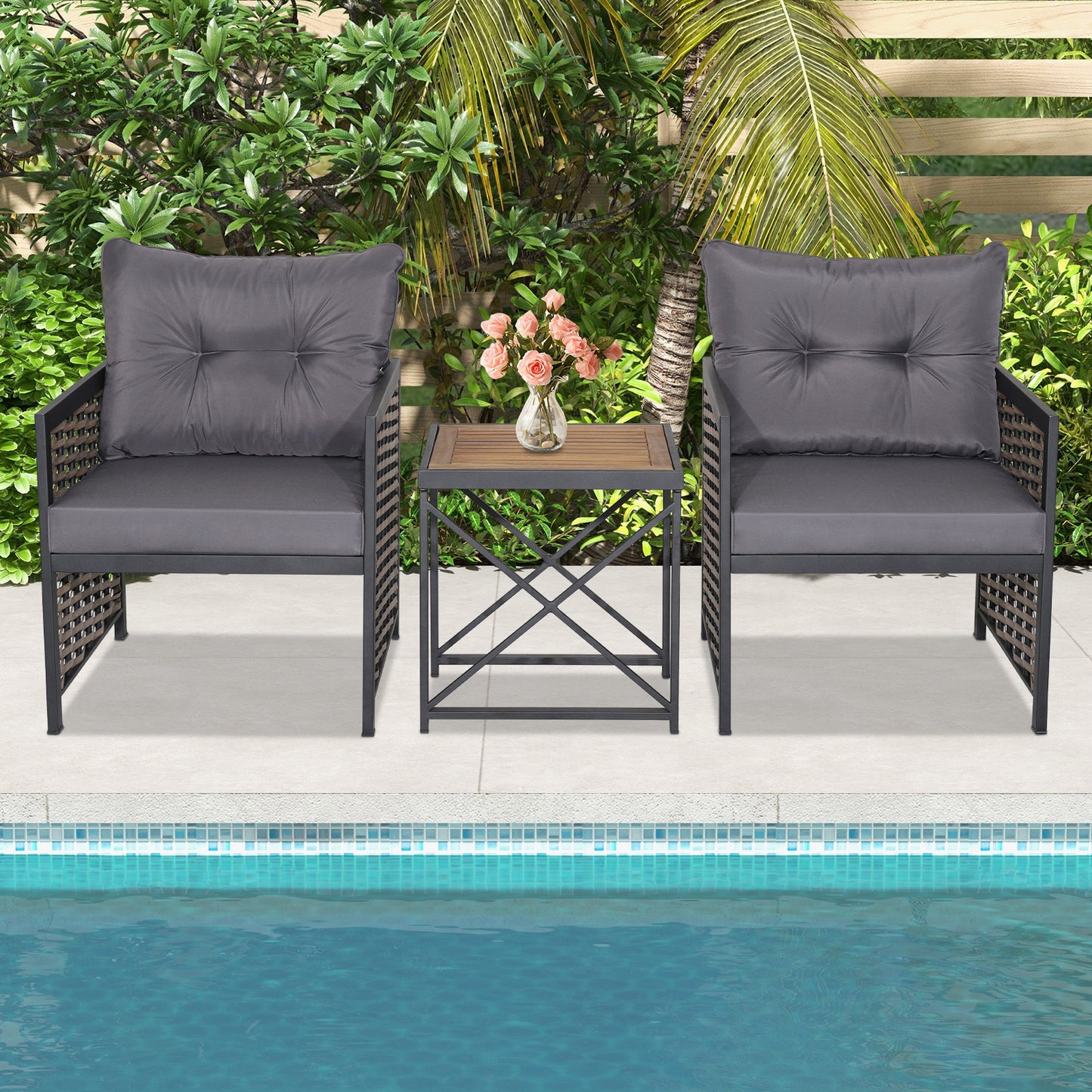 3 Pieces Patio Rattan Bistro Set with Acacia Wood Tabletop-Grey