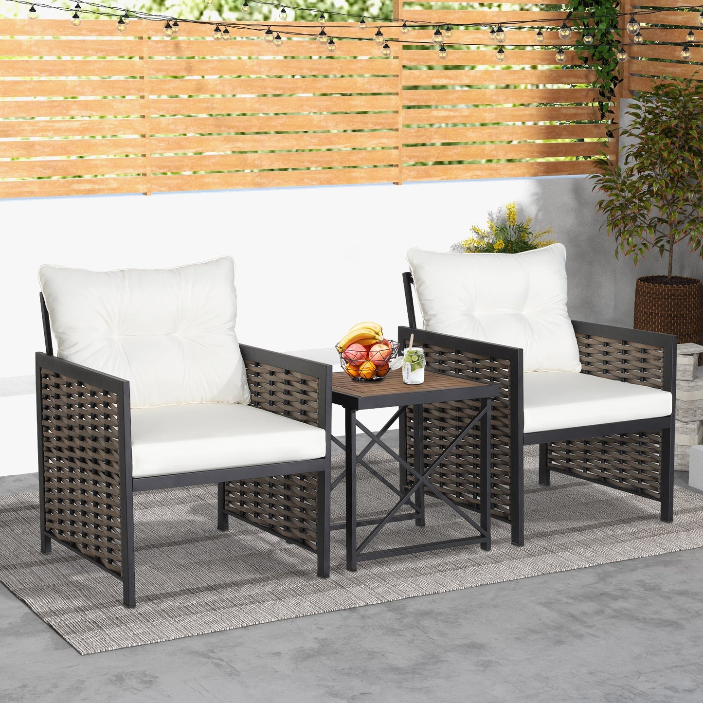 3 Pieces Patio Rattan Bistro Set with Acacia Wood Tabletop-Grey