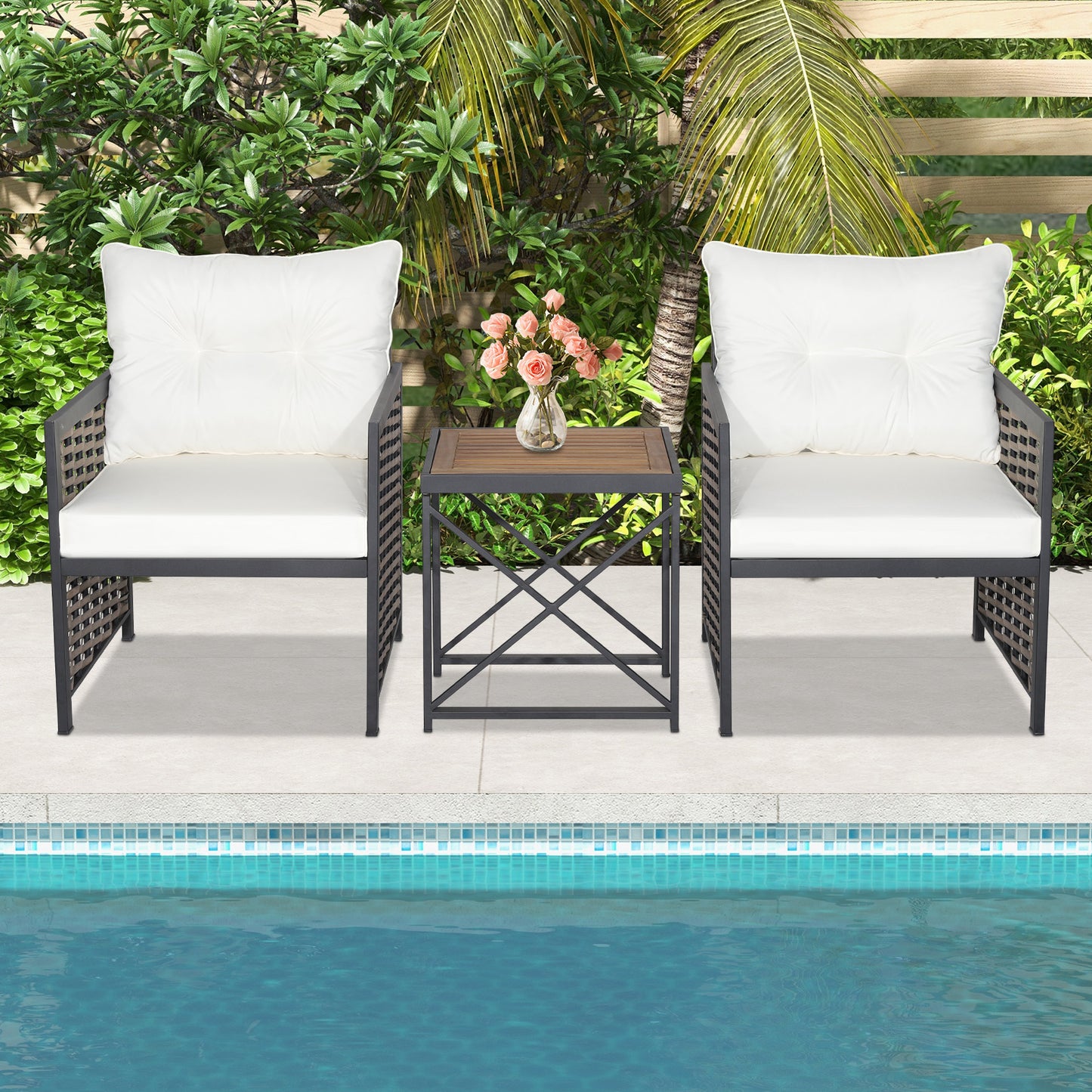 3 Pieces Patio Rattan Bistro Set with Acacia Wood Tabletop-Grey