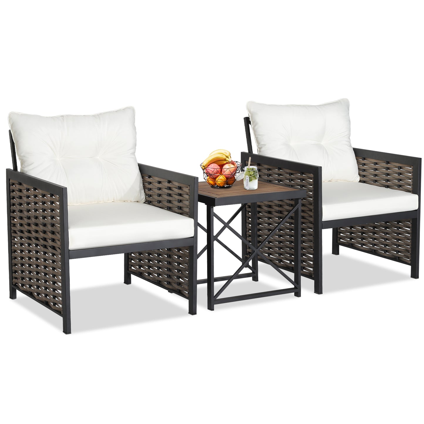 3 Pieces Patio Rattan Bistro Set with Acacia Wood Tabletop-Grey