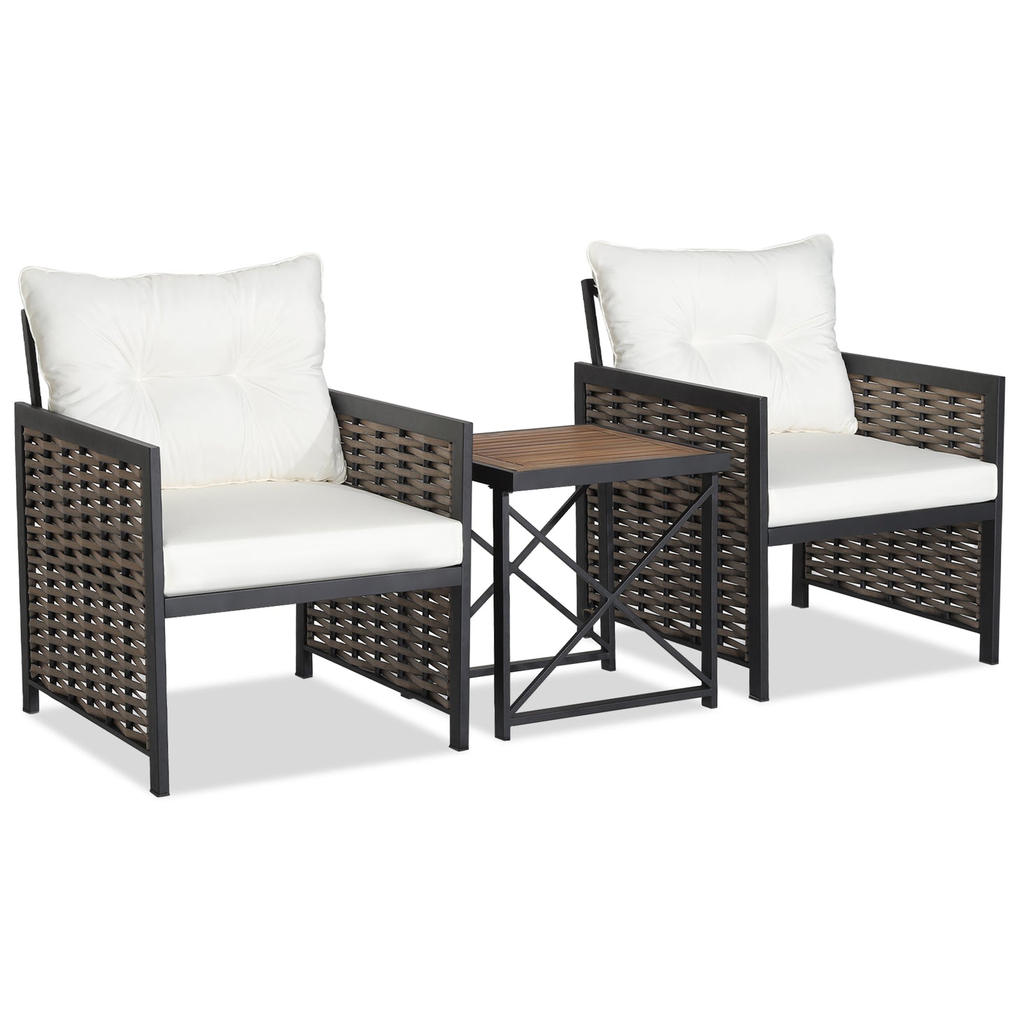 3 Pieces Patio Rattan Bistro Set with Acacia Wood Tabletop-Grey