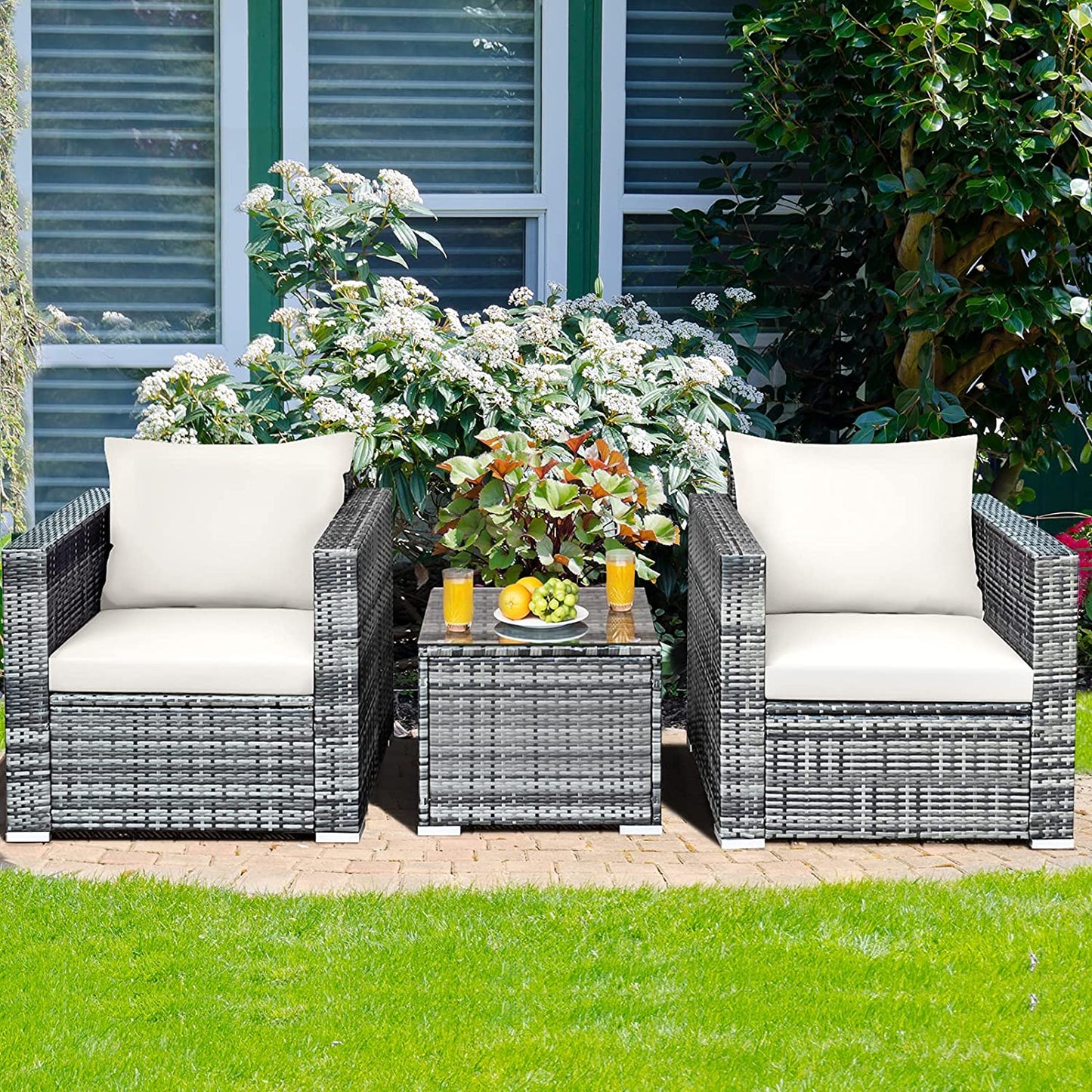 3 Pieces Rattan Bistro Set with Cushions for Balcony-Grey