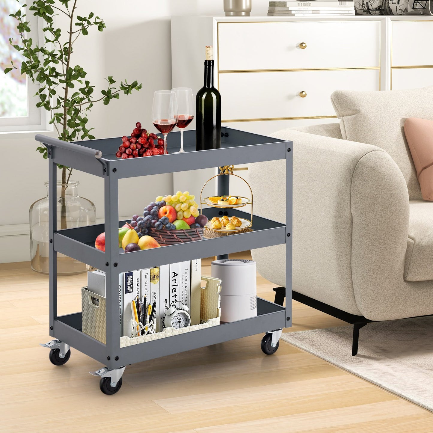 3 Shelf Rolling Metal Utility Cart with Ergonomic Handle-Black