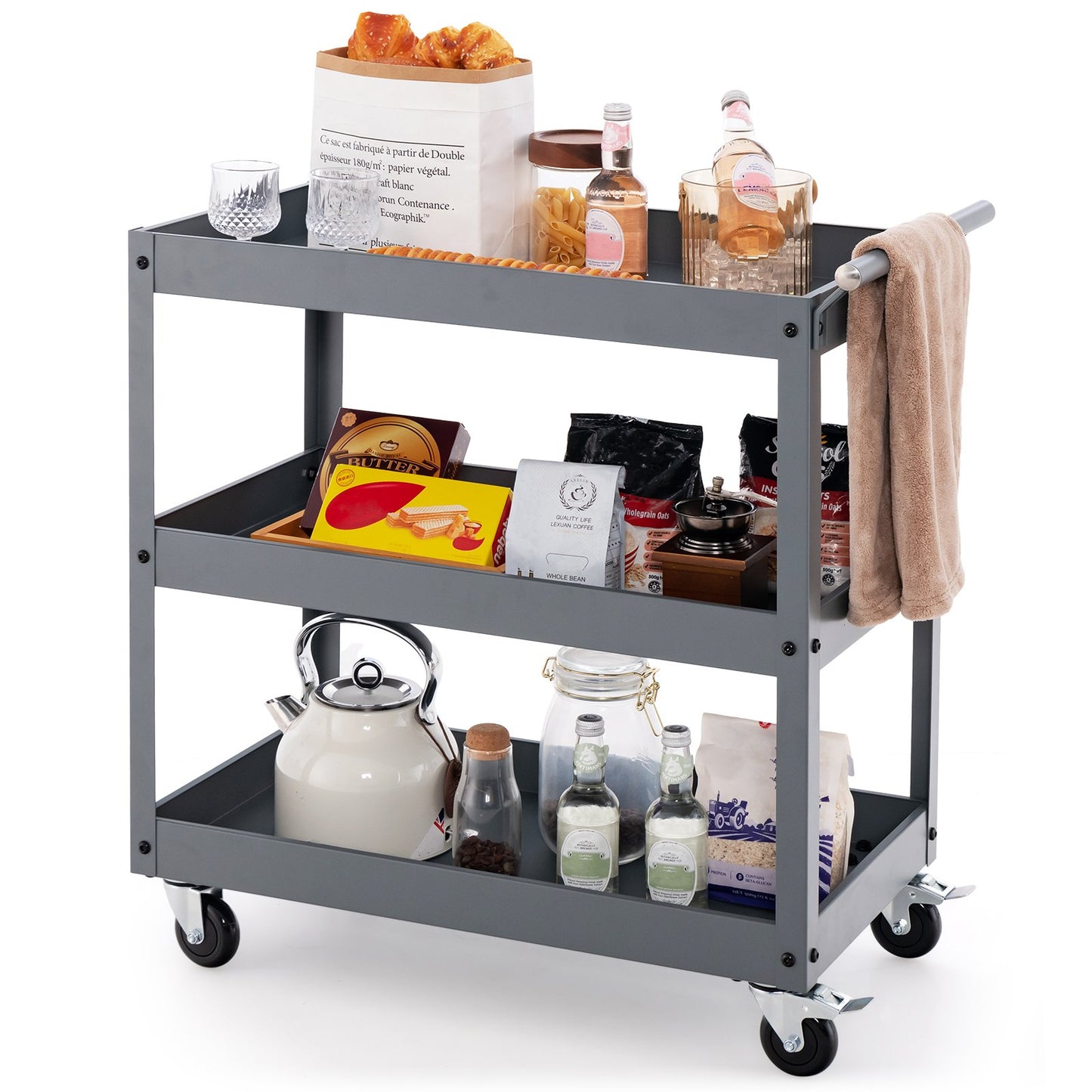 3 Shelf Rolling Metal Utility Cart with Ergonomic Handle-Black