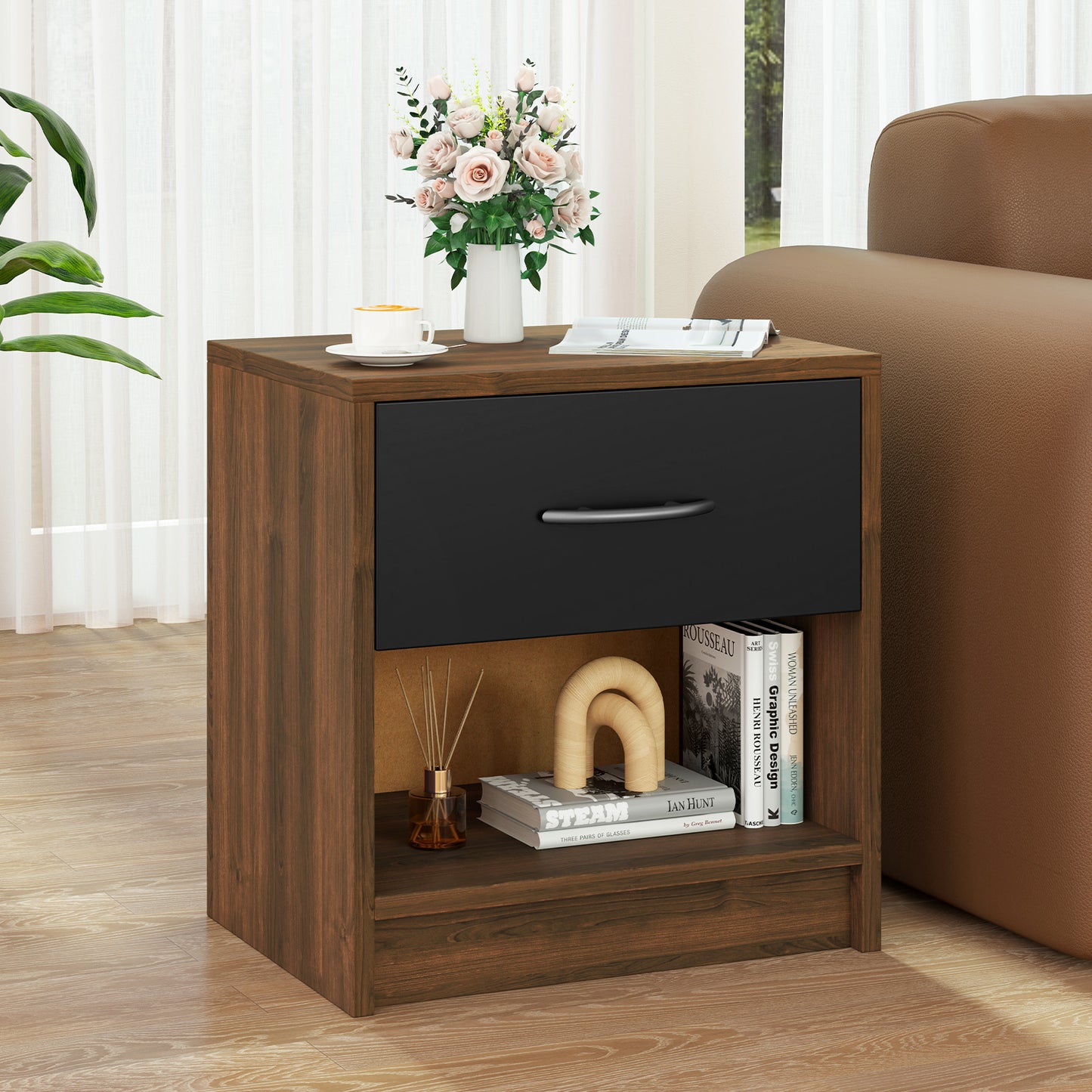3-Tier Nightstand with Drawer and Open Storage Shelf for Small Spaces-White