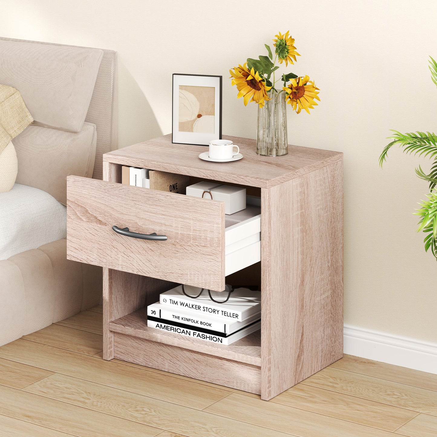 3-Tier Nightstand with Drawer and Open Storage Shelf for Small Spaces-White