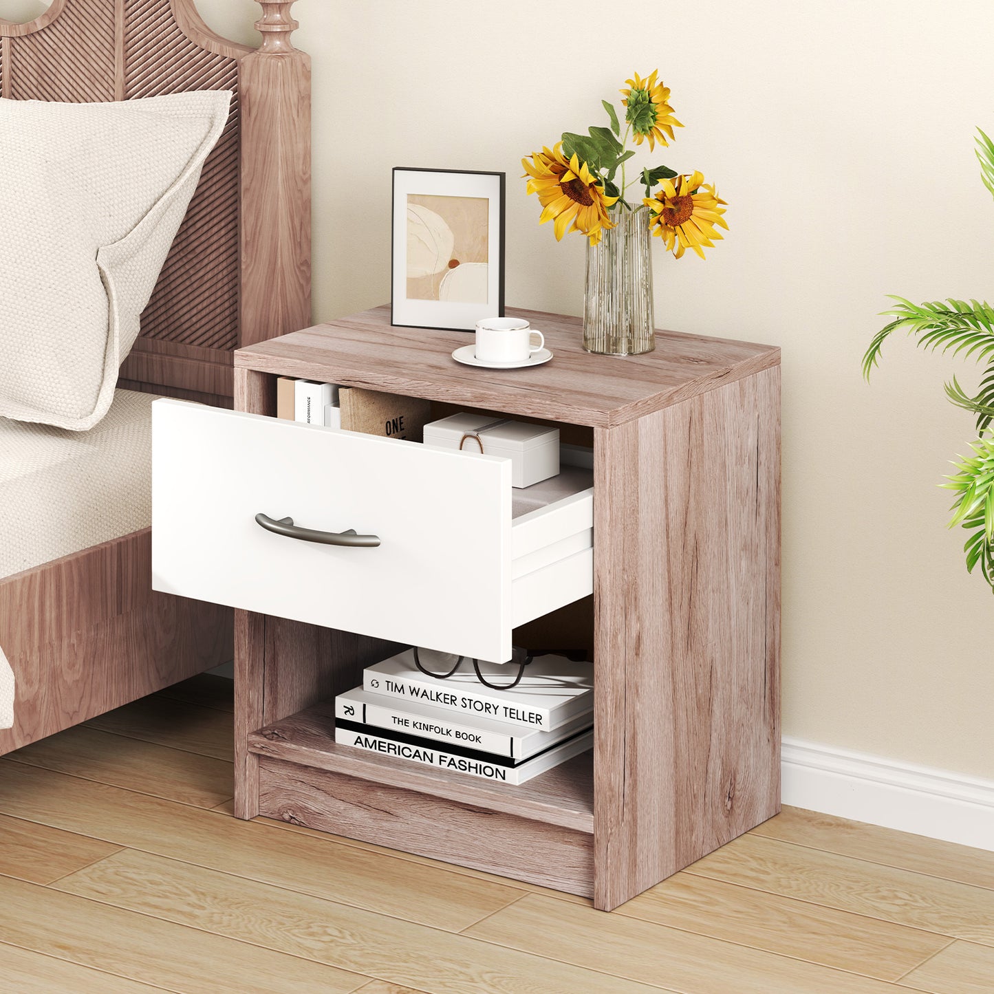 3-Tier Nightstand with Drawer and Open Storage Shelf for Small Spaces-White