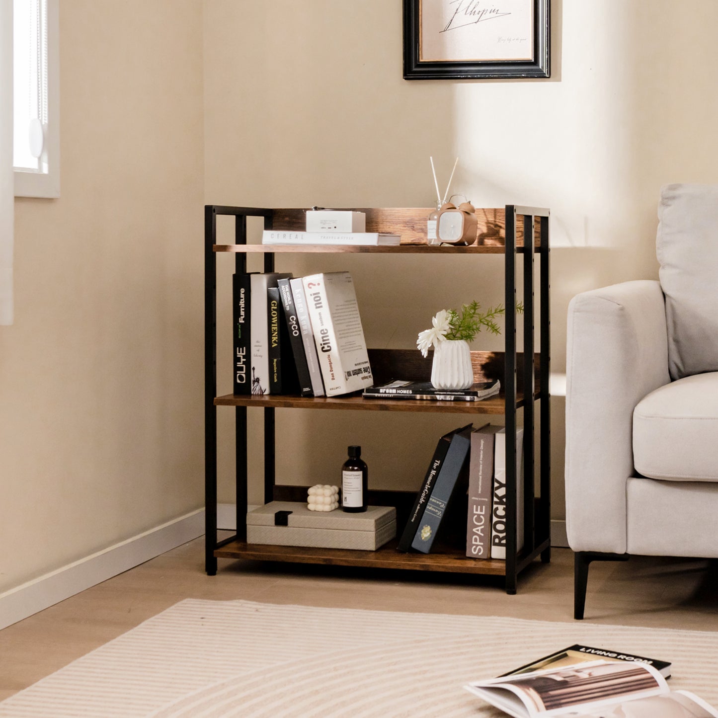 3-Tier Bookshelf with Adjustable Shelves and Metal Frame-Grey
