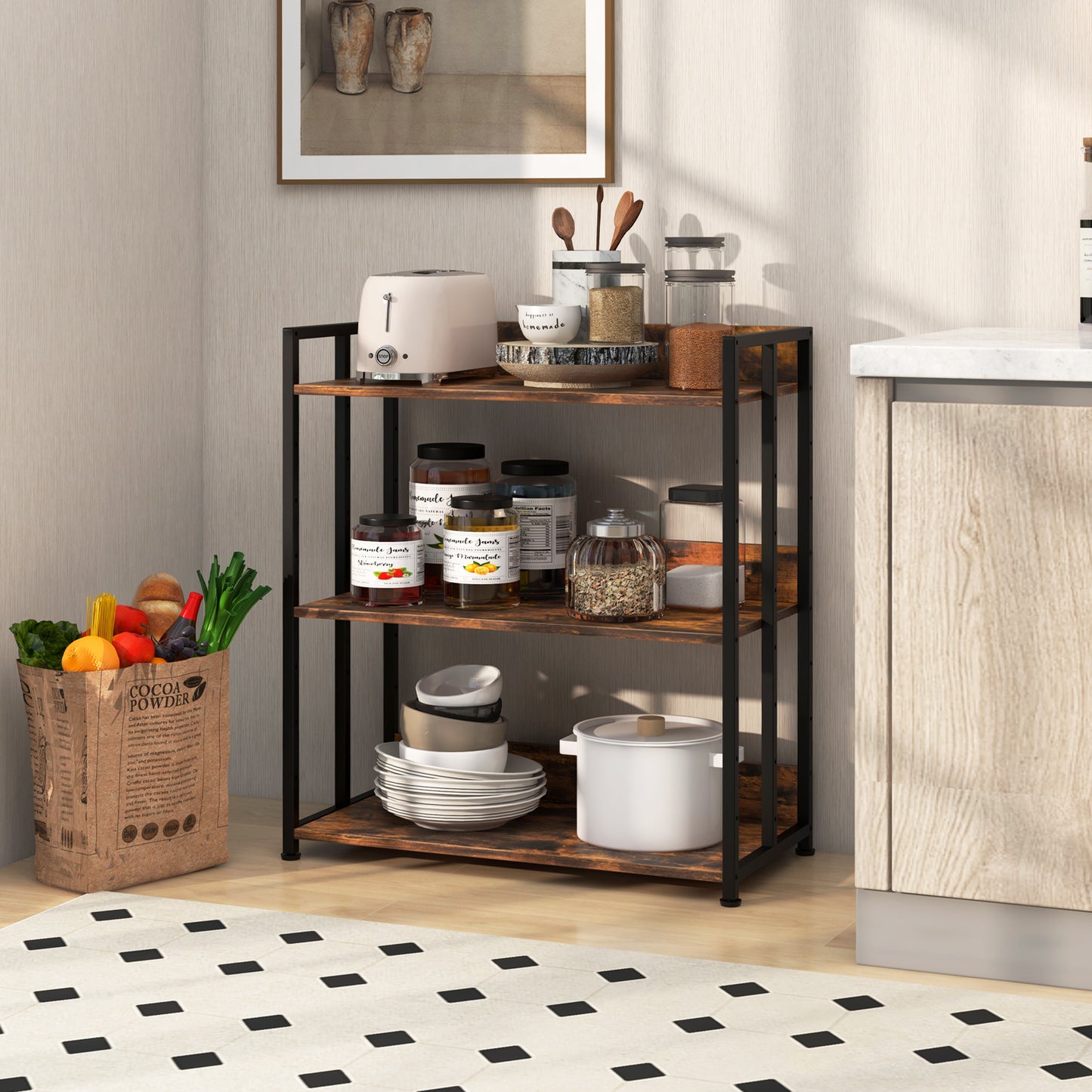 3-Tier Bookshelf with Adjustable Shelves and Metal Frame-Grey