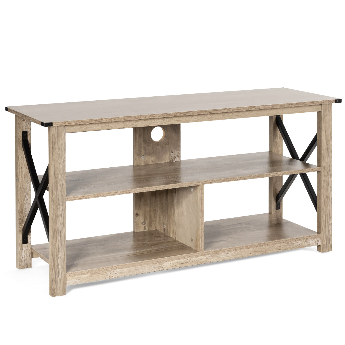 3-Tier Rustic TV Stand with Open Shelves and Cable Management-Brown