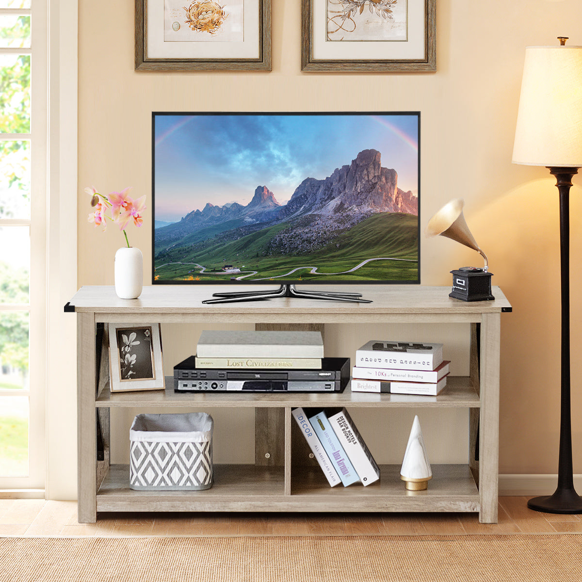 3-Tier Rustic TV Stand with Open Shelves and Cable Management-Brown