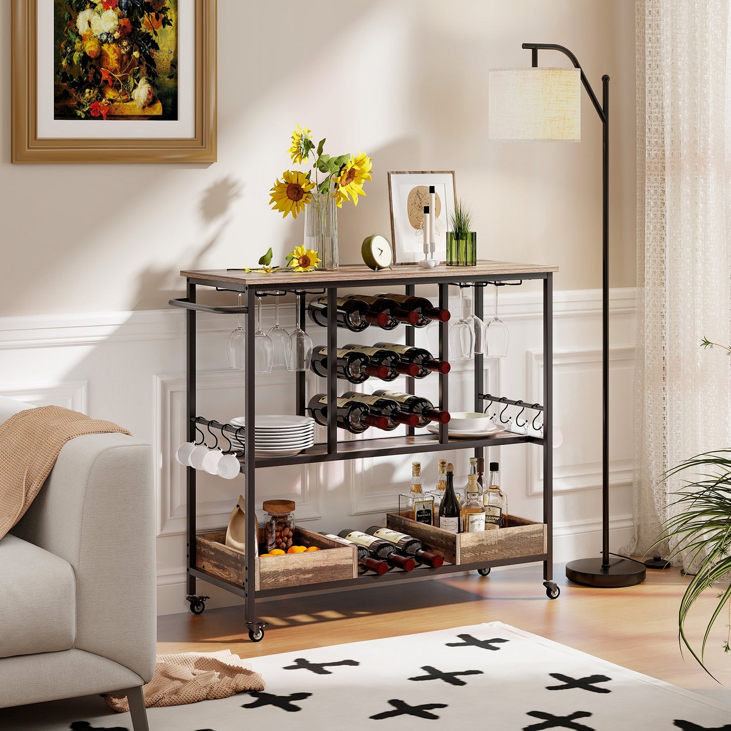 3 Tiers Bar Cart on Wheels with Glass Racks-Rustic Brown