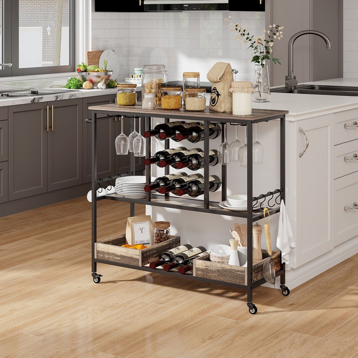 3 Tiers Bar Cart on Wheels with Glass Racks-Rustic Brown