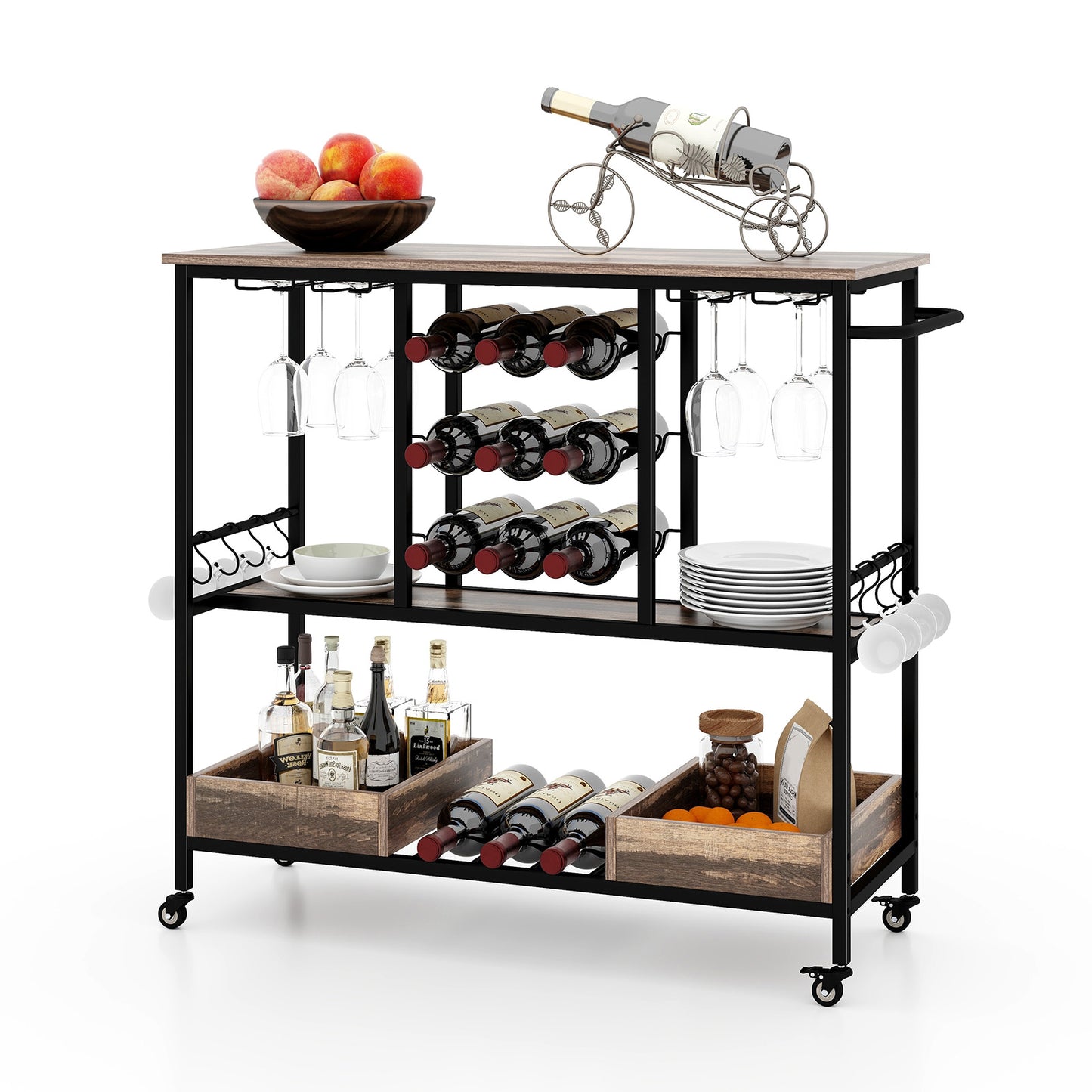 3 Tiers Bar Cart on Wheels with Glass Racks-Rustic Brown