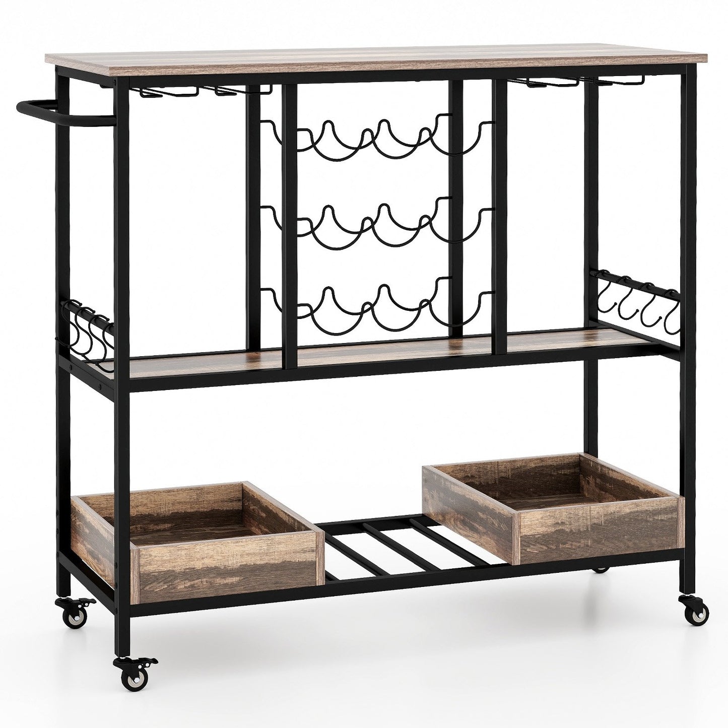 3 Tiers Bar Cart on Wheels with Glass Racks-Rustic Brown
