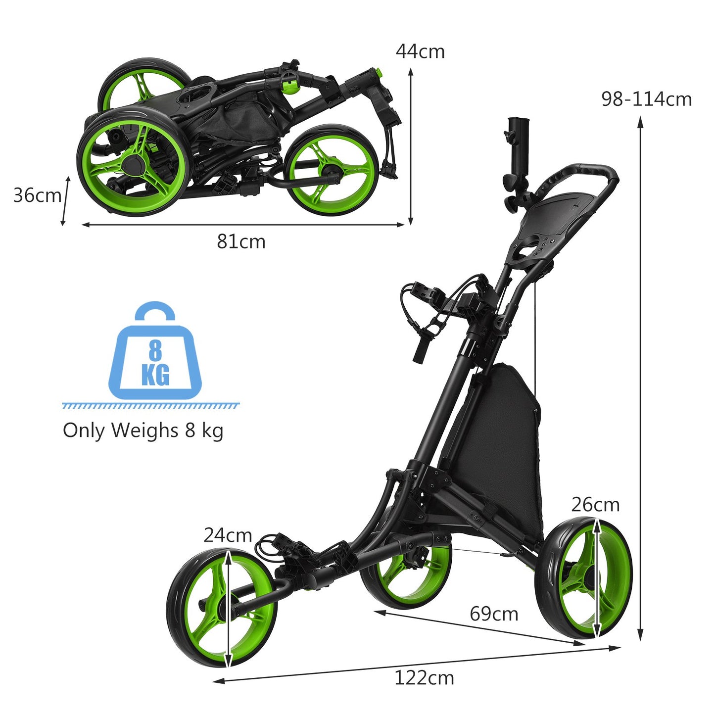 3 Wheel Golf Push Pull Cart with Adjustable Height Handle-Blue