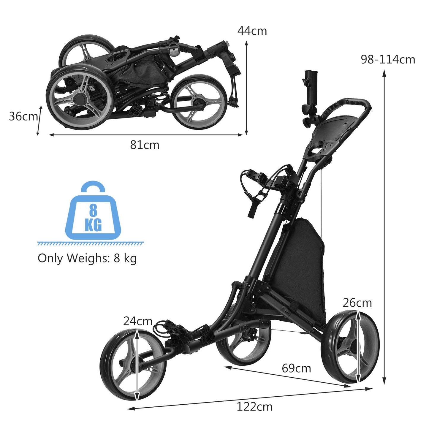 3 Wheel Golf Push Pull Cart with Adjustable Height Handle-Blue