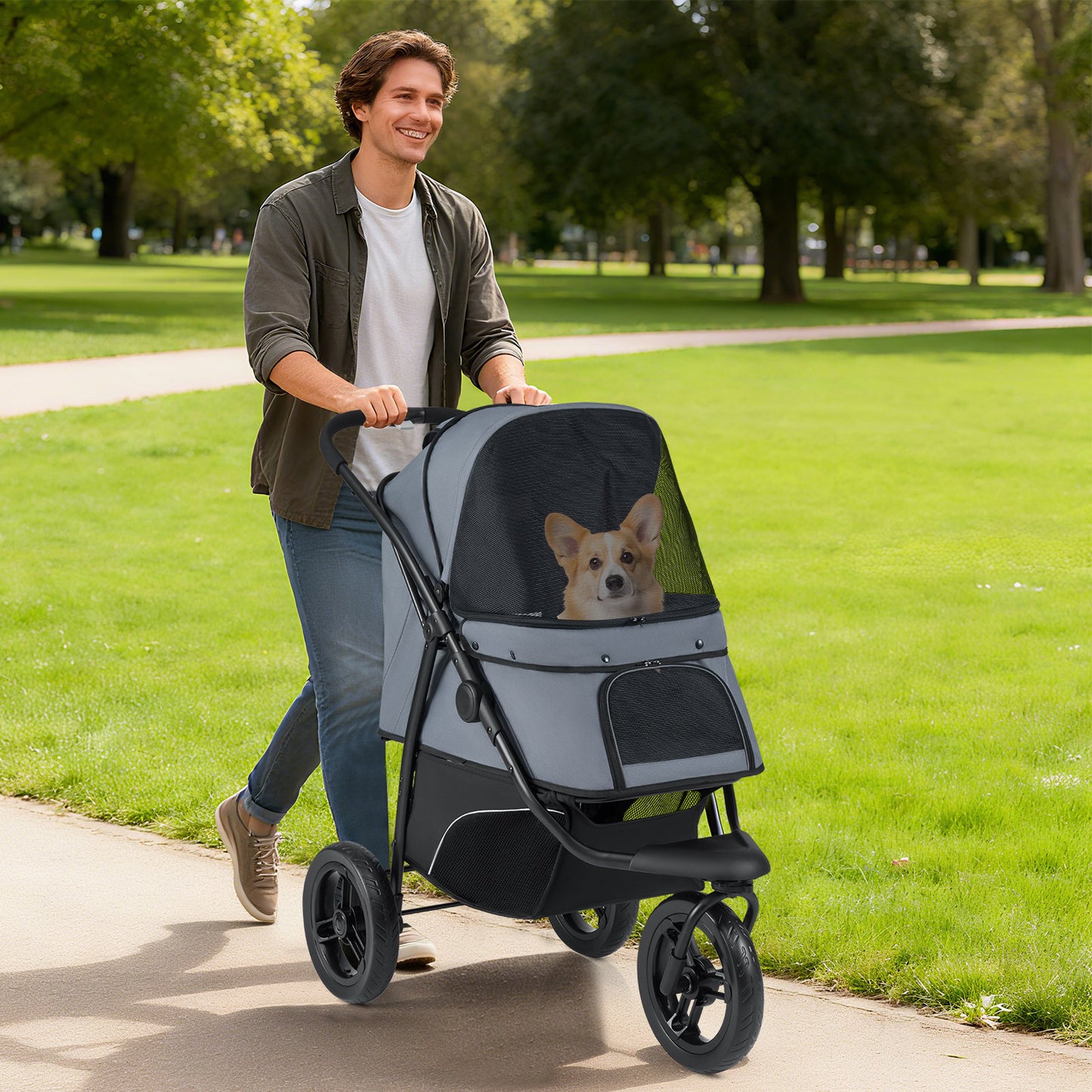 3-Wheel Pet Stroller for Small and Medium Dogs with All-Terrain Wheels-Black