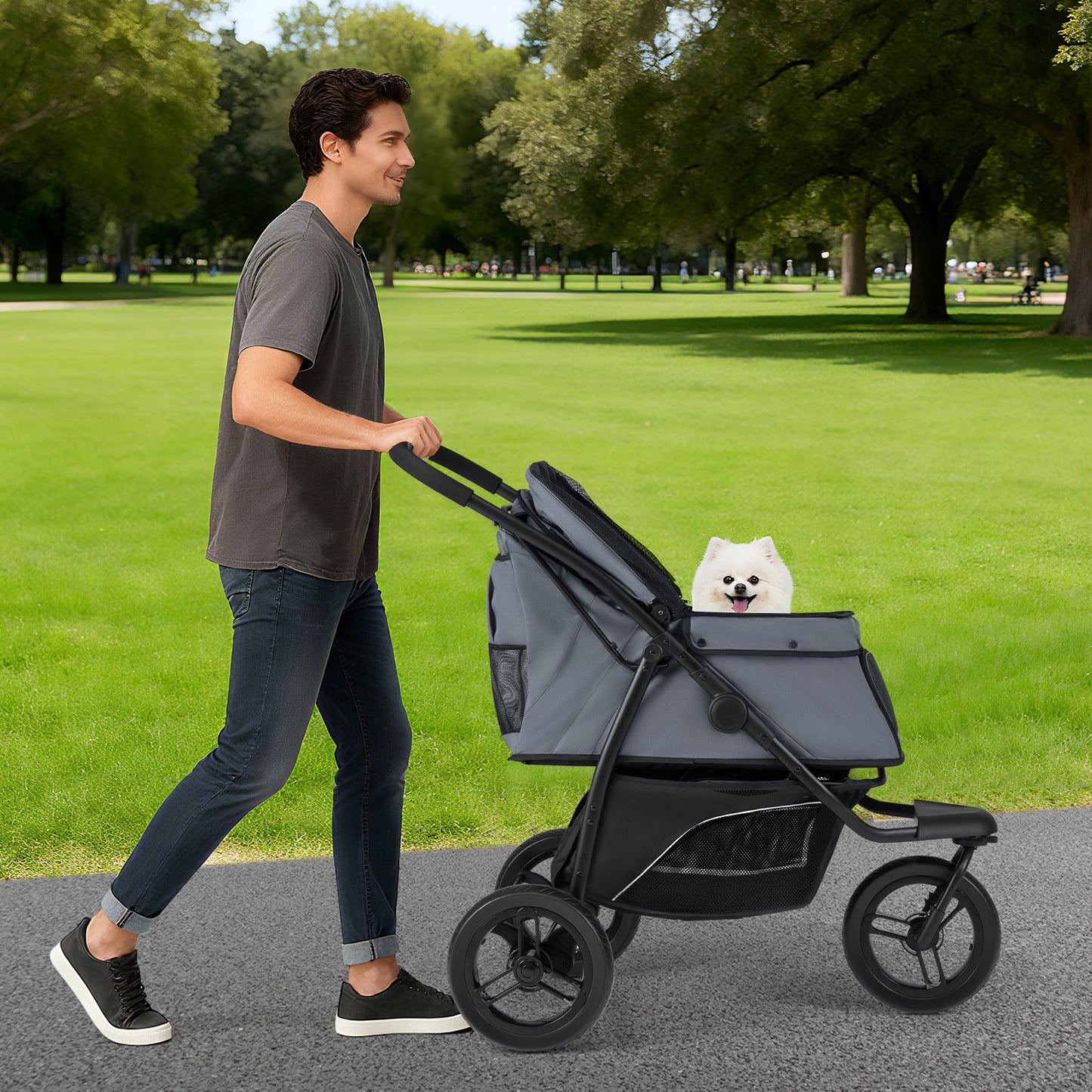 3-Wheel Pet Stroller for Small and Medium Dogs with All-Terrain Wheels-Black