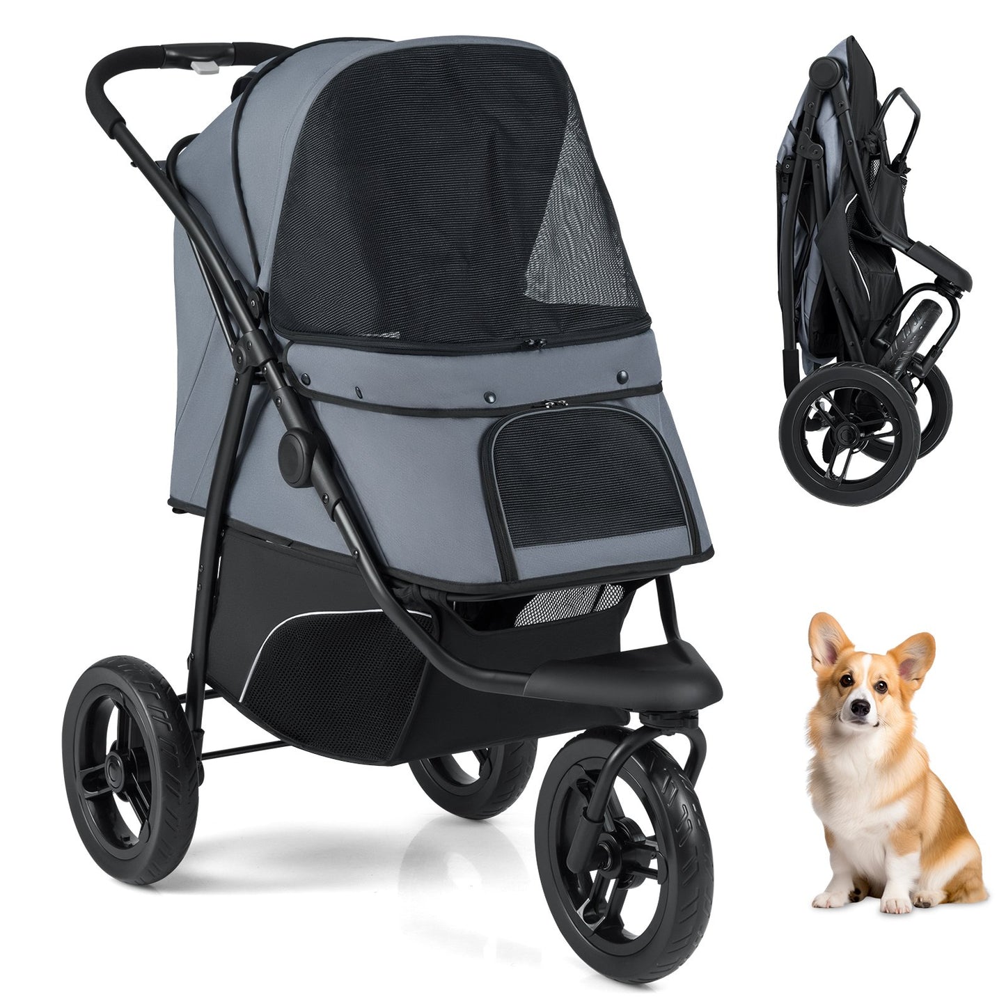 3-Wheel Pet Stroller for Small and Medium Dogs with All-Terrain Wheels-Black
