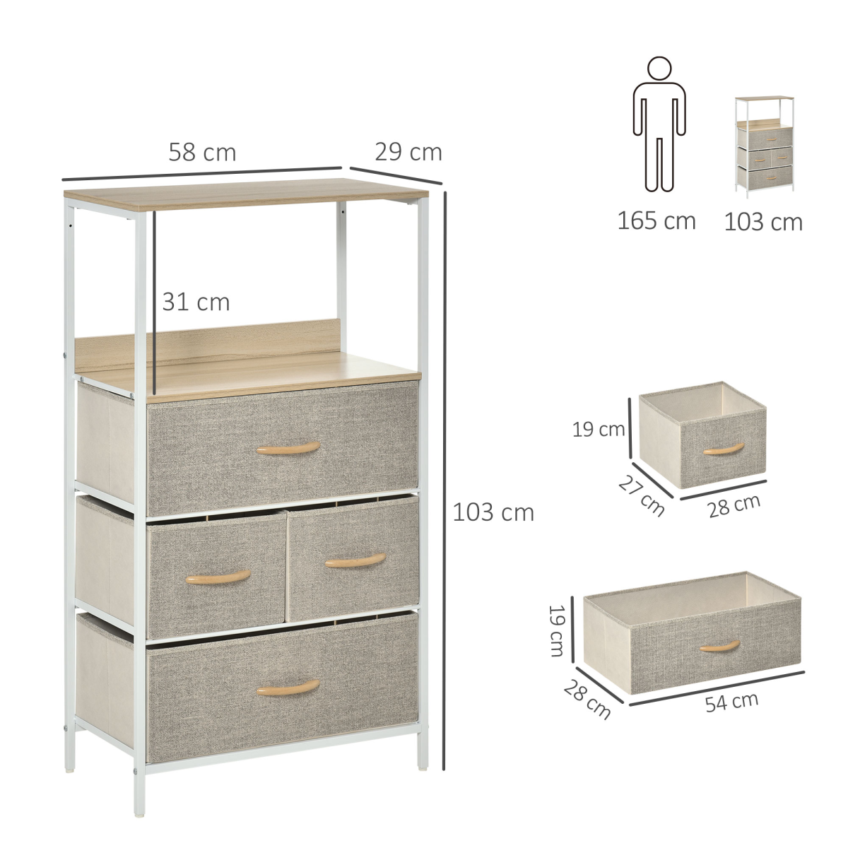 Chest of Drawers with 4 Fabric Bins  White
