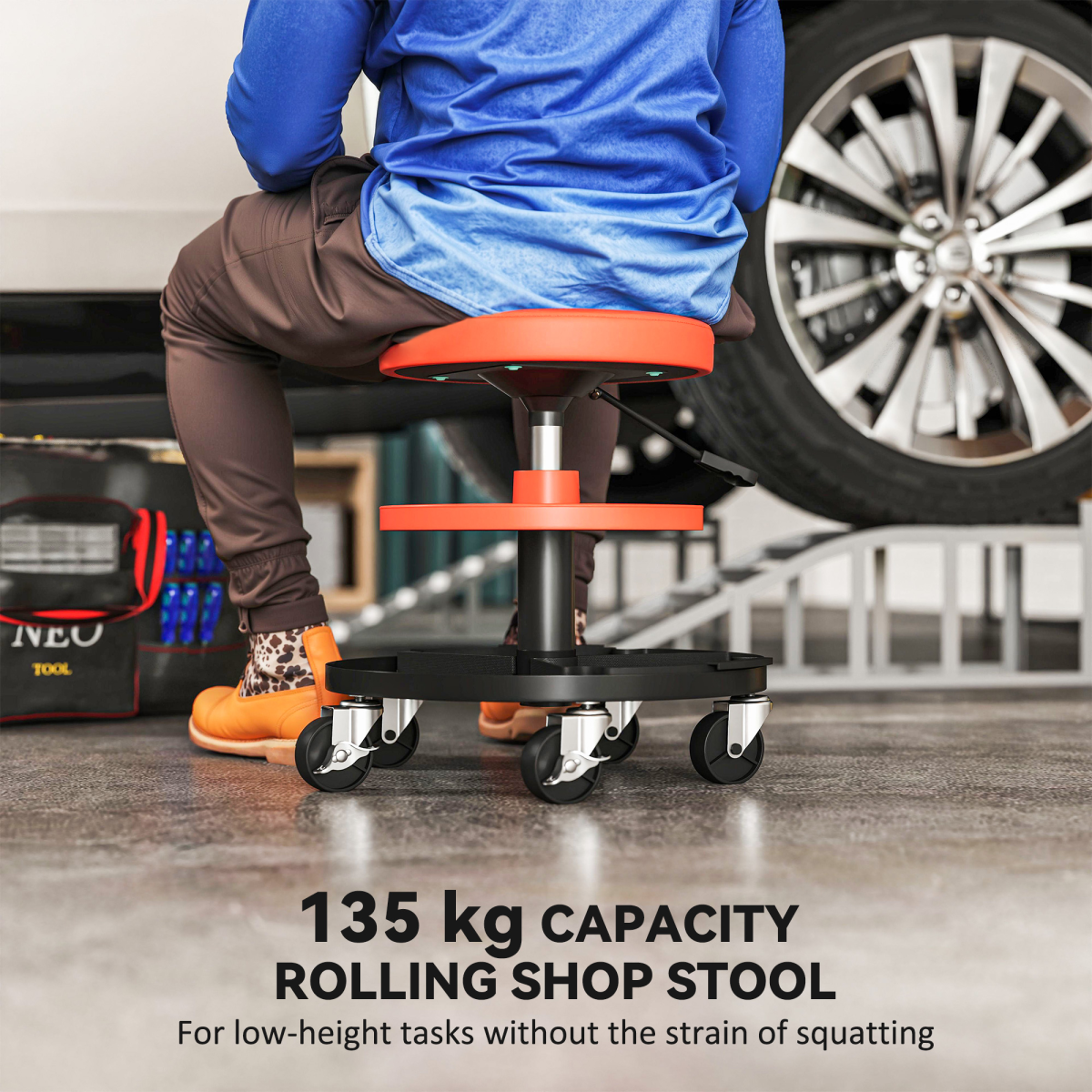 HOMCOM Rolling Mechanic Stool, 135kg Capacity Workshop Stool, Yellow