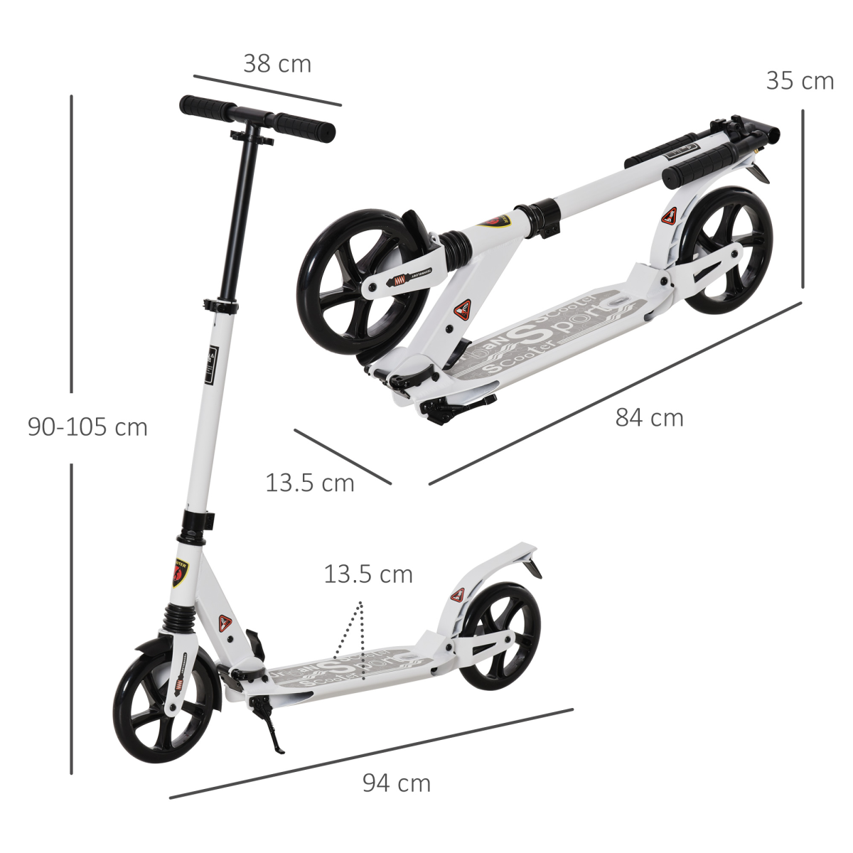 Kick Scooter Folding 2 Big Wheels Adjustable  Adult Teens For 14 White HOMCOM