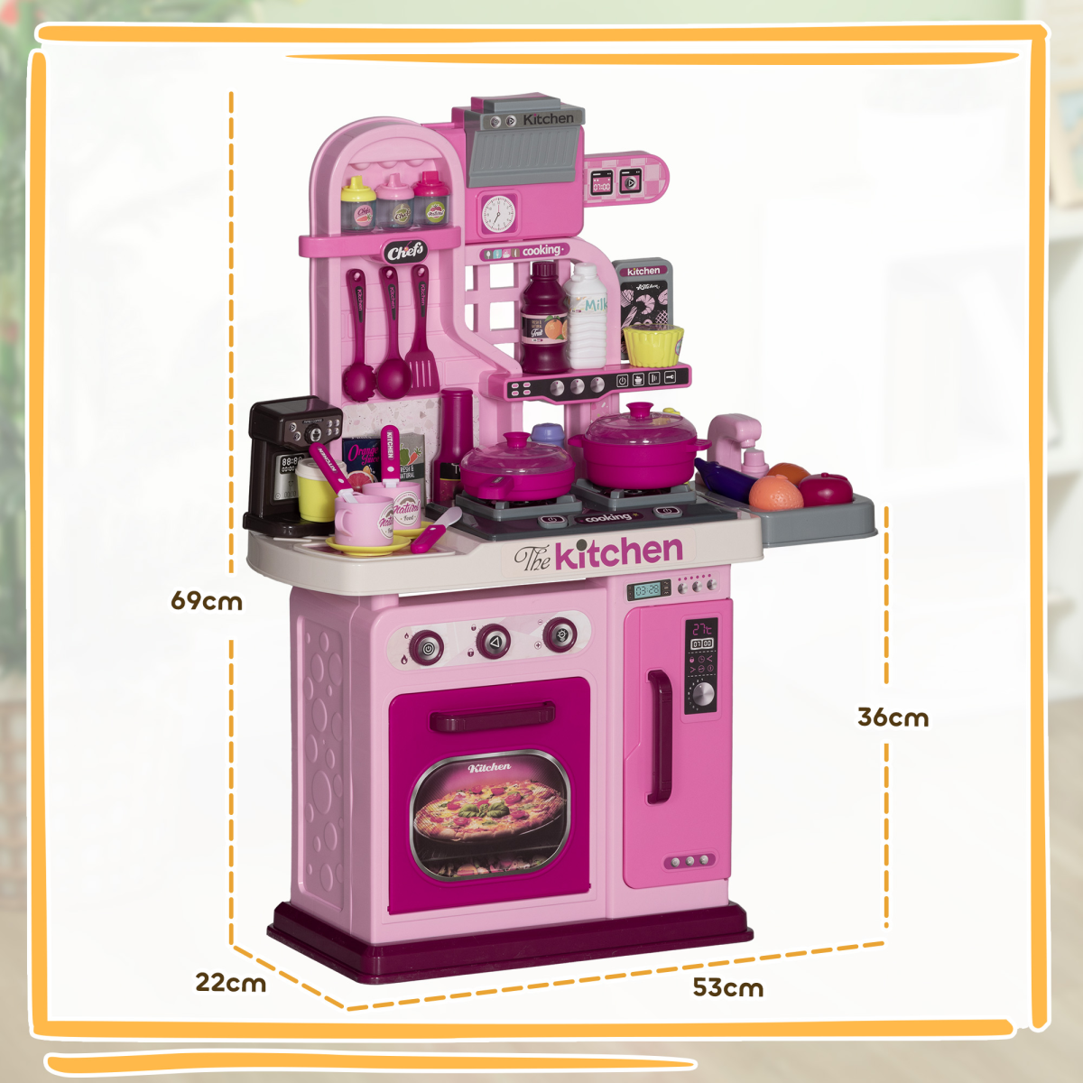 AIYAPLAY Kids Kitchen with 33 Piece Accessories, Lights, Sounds, Storage
