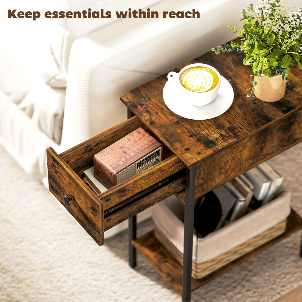 HOMCOM Industrial Slim End Table Nightstand for Small Spaces Rustic Brown