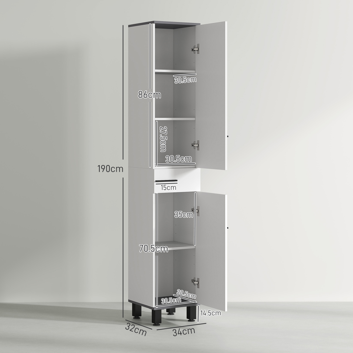 HOMCOM Bathroom Cabinet with Adjustable Shelves, Double Doors and Drawer