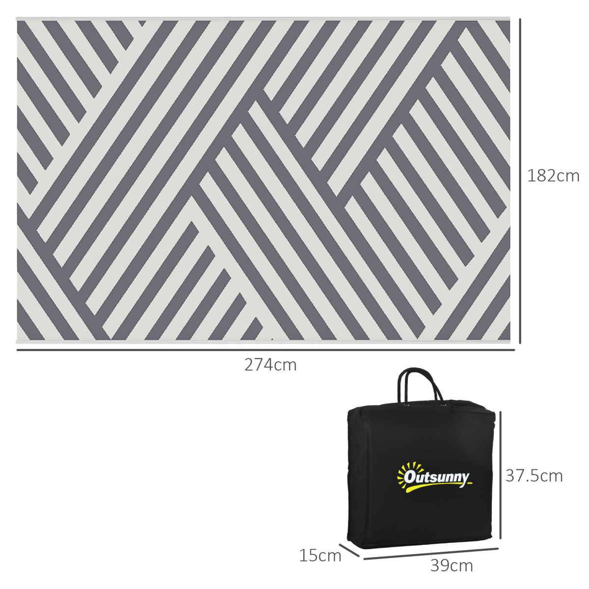 Outsunny Reversible Waterproof Outdoor Rug with Carry Bag, 182 x 274cm, Grey