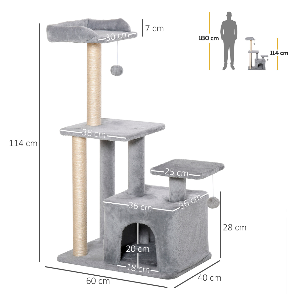 Cat Tree Tower w/ Scratching Posts Sisal Hanging Ball Condo 60 x 40 x 114cm