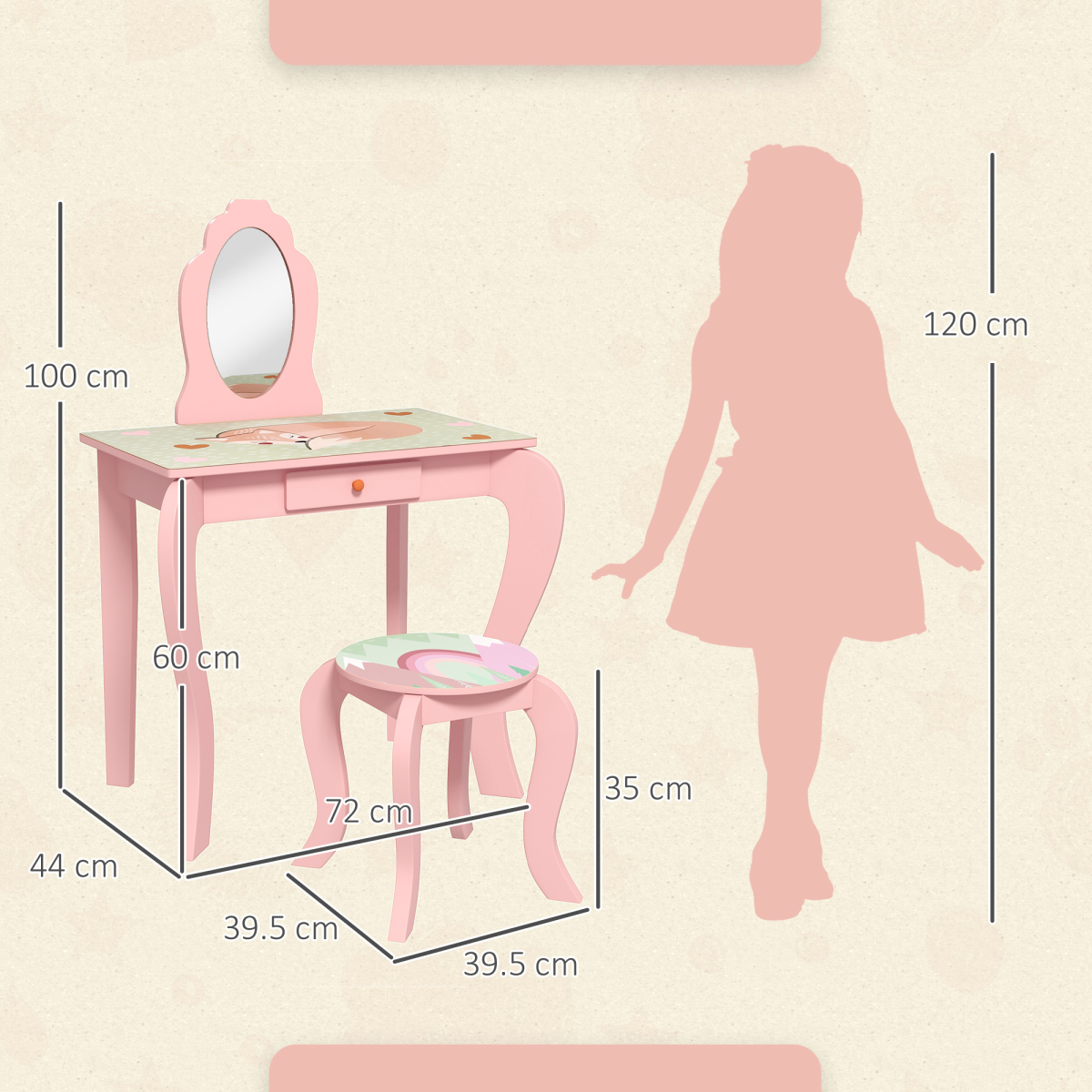 ZONEKIZ Kids Dressing Table with Mirror Stool Drawer, Cute Animal Design, Pink