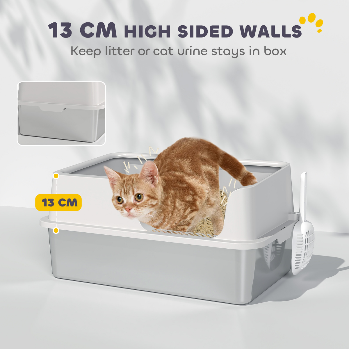 PawHut Stainless Steel Litter Box, High Sided Metal Cat Litter Tray w/ Scoop