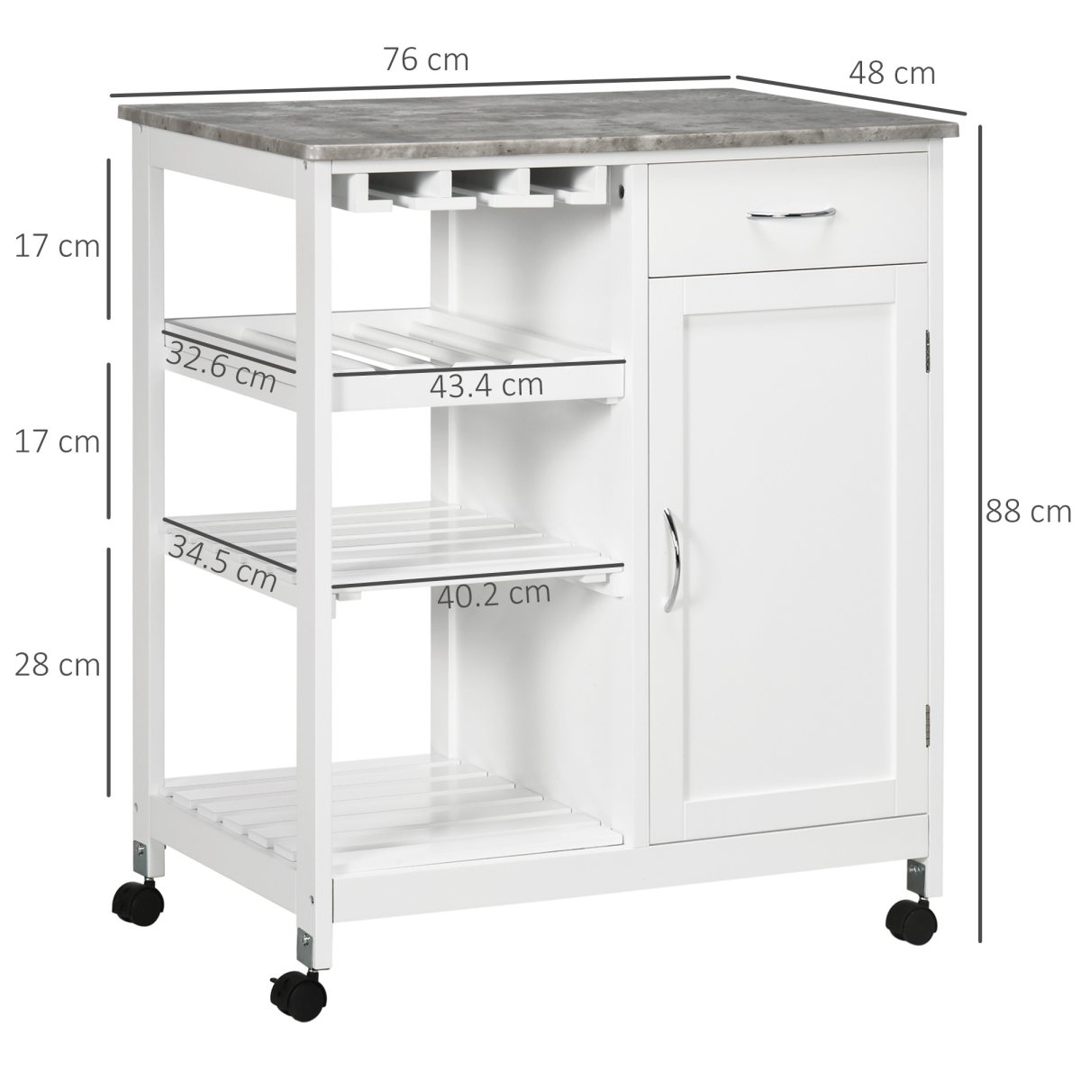 Kitchen Trolley Utility Cart on Wheels with Wine Rack, Drawer, Open Shelf White