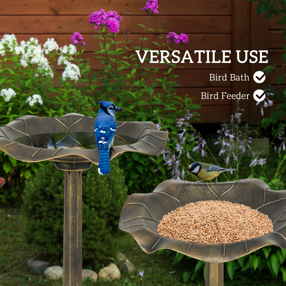 Outsunny Bird Bath for Garden, Birdbath with Lotus Leaf Basin, Bronze Tone